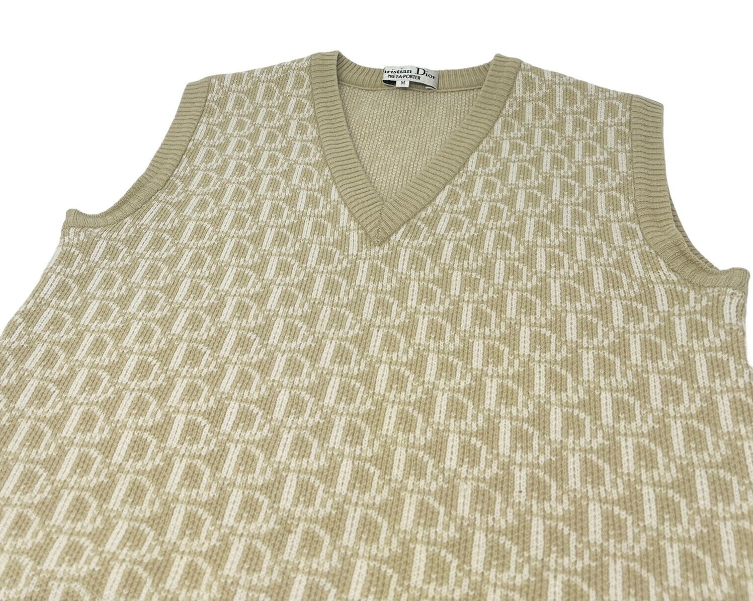 Christian Dior Vintage Logo Trotter Monogram Knit Vest #M Beige Wool