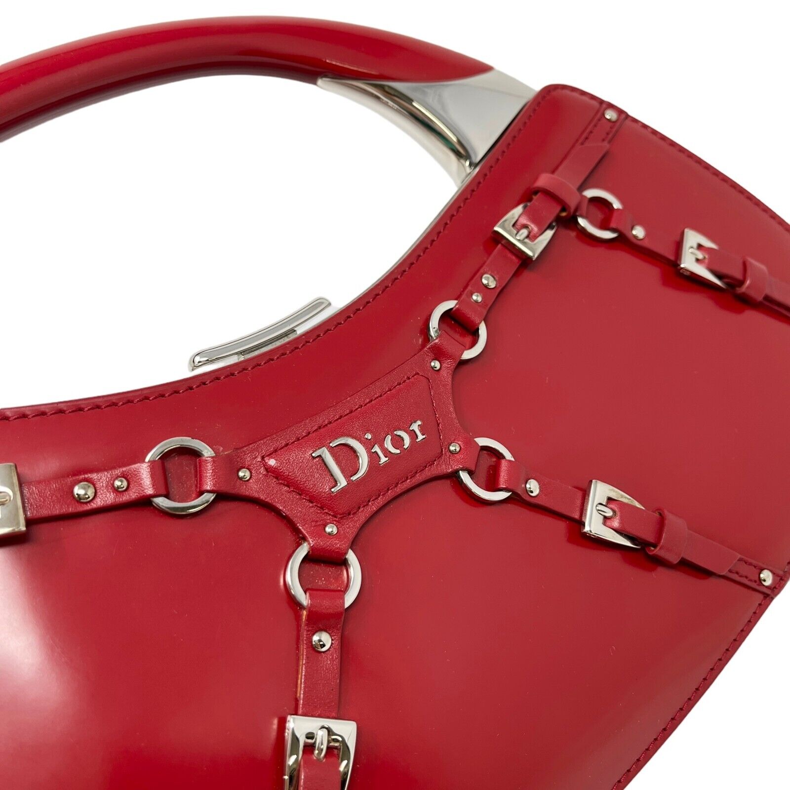 Christian Dior Vintage Logo Bondage Top Handle Bag Red Silver Leather