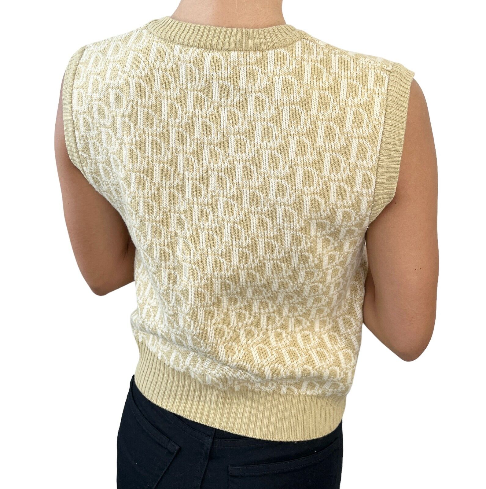 Christian Dior Vintage Logo Trotter Monogram Knit Vest #M Beige Wool