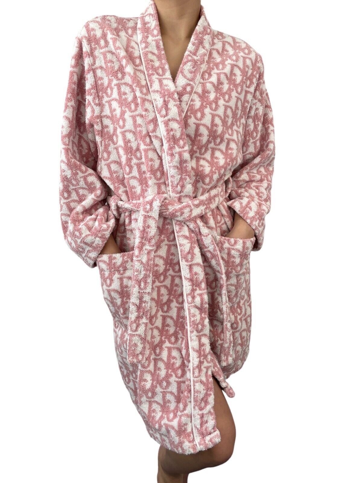 Dior Vintage Trotter Monogram Bath Robe Terry Cloth Pink White Cotton