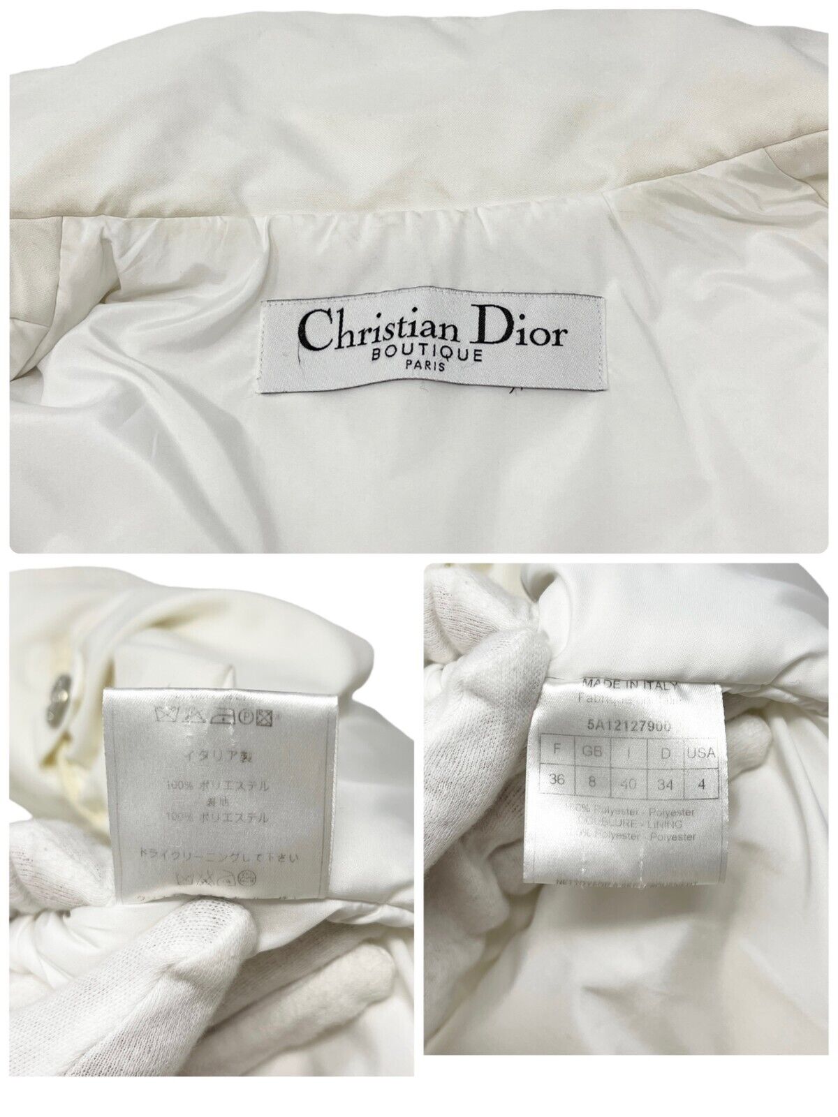 Christian Dior Vintage Logo Puffer Jacket #40 Zip White Silver Polyester