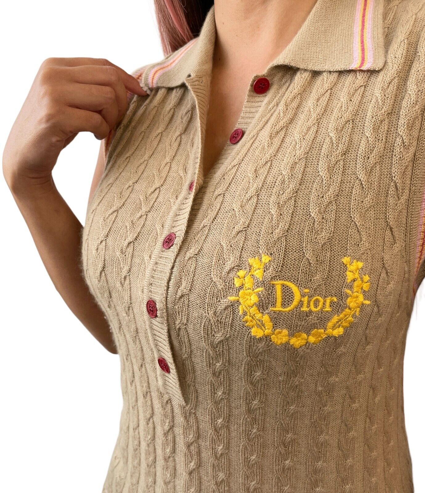 Christian Dior Vintage Logo Knit Polo Shirt #40 Beige Cashmere Button