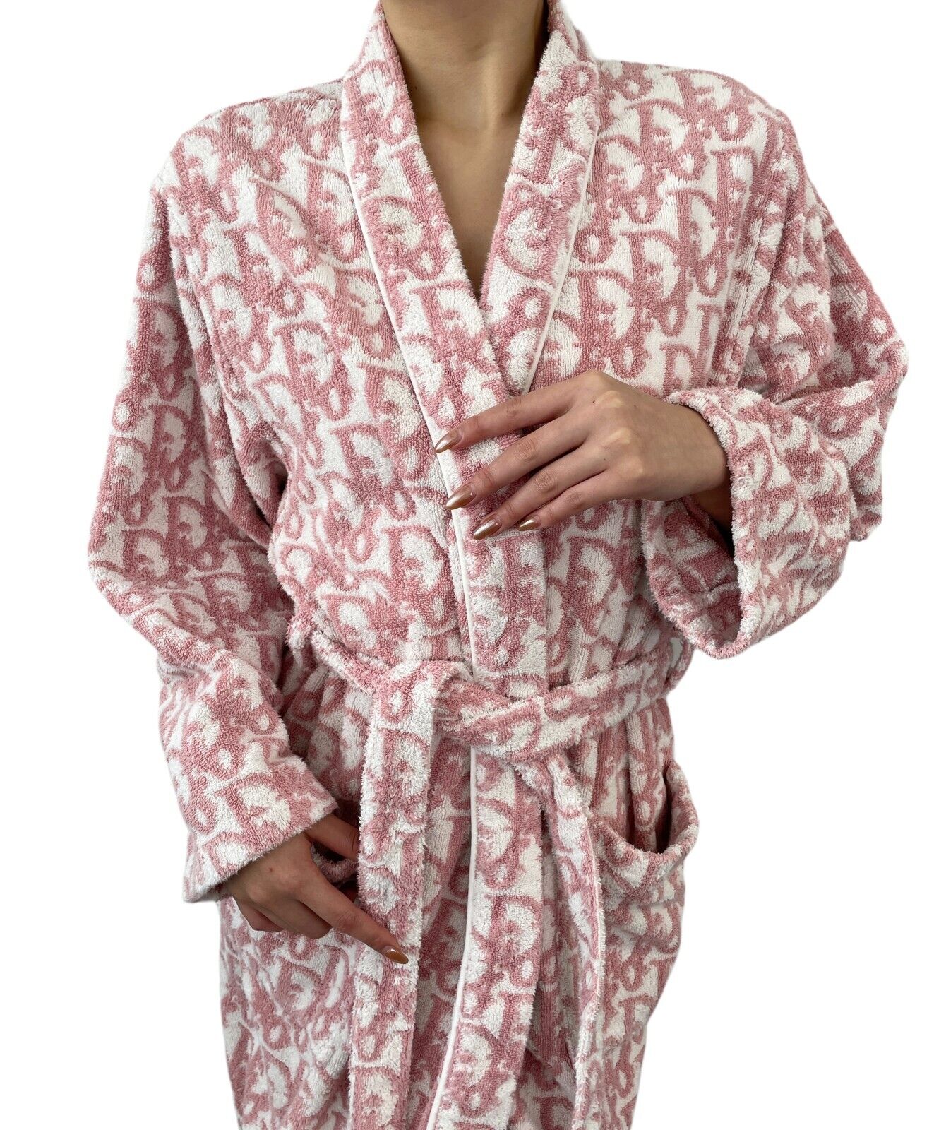 Dior Vintage Trotter Monogram Bath Robe Terry Cloth Pink White Cotton