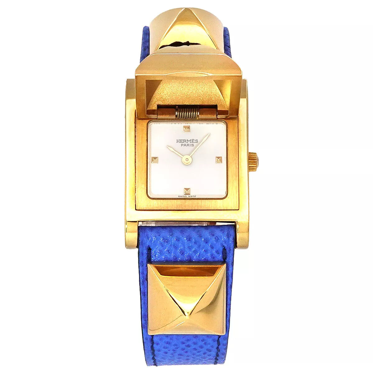 HERMES Medor Vintage pyramid Gold studs Quartz White Dial Ladies 90243797