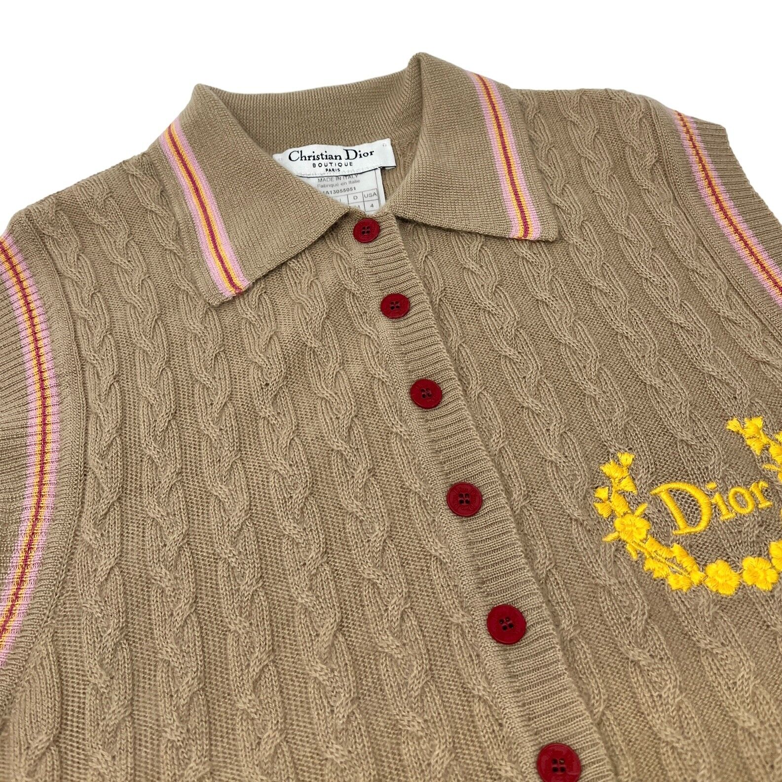 Christian Dior Vintage Logo Knit Polo Shirt #40 Beige Cashmere Button