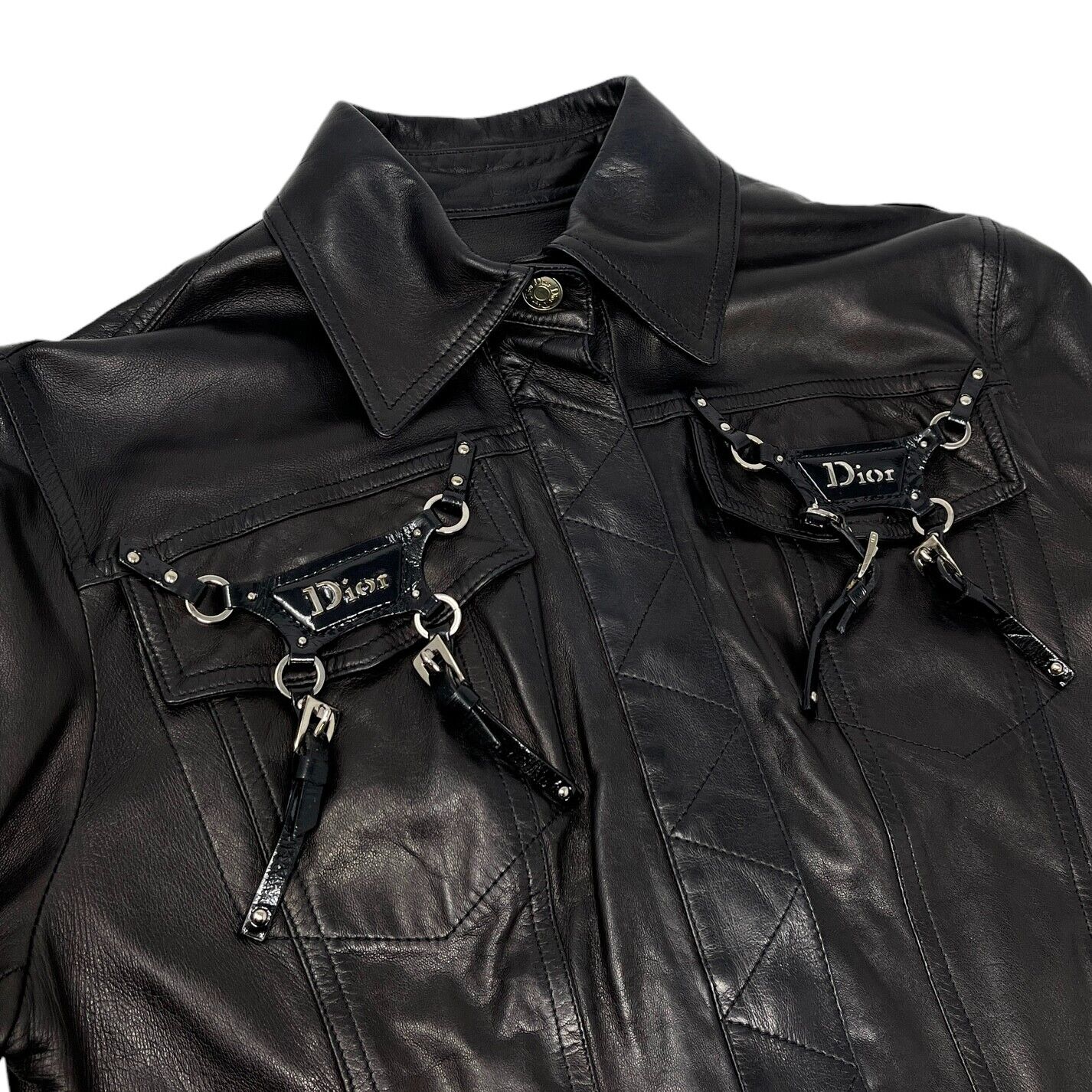 Christian Dior Vintage Bondage Logo Leather Jacket #36 Black Silver