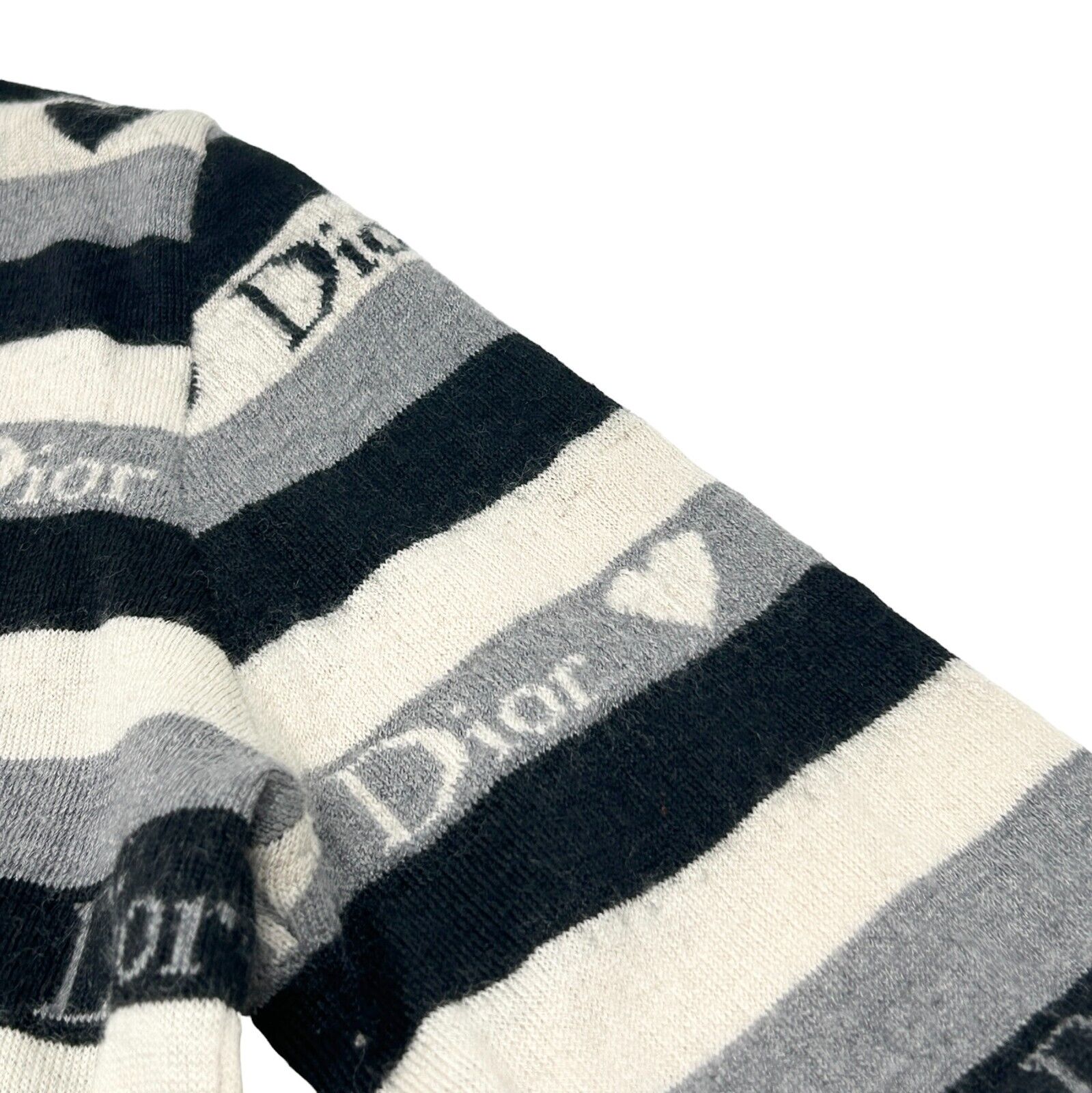 Christian Dior Vintage Logo Knit Top #42 Gray Black Heart Wool Stripe