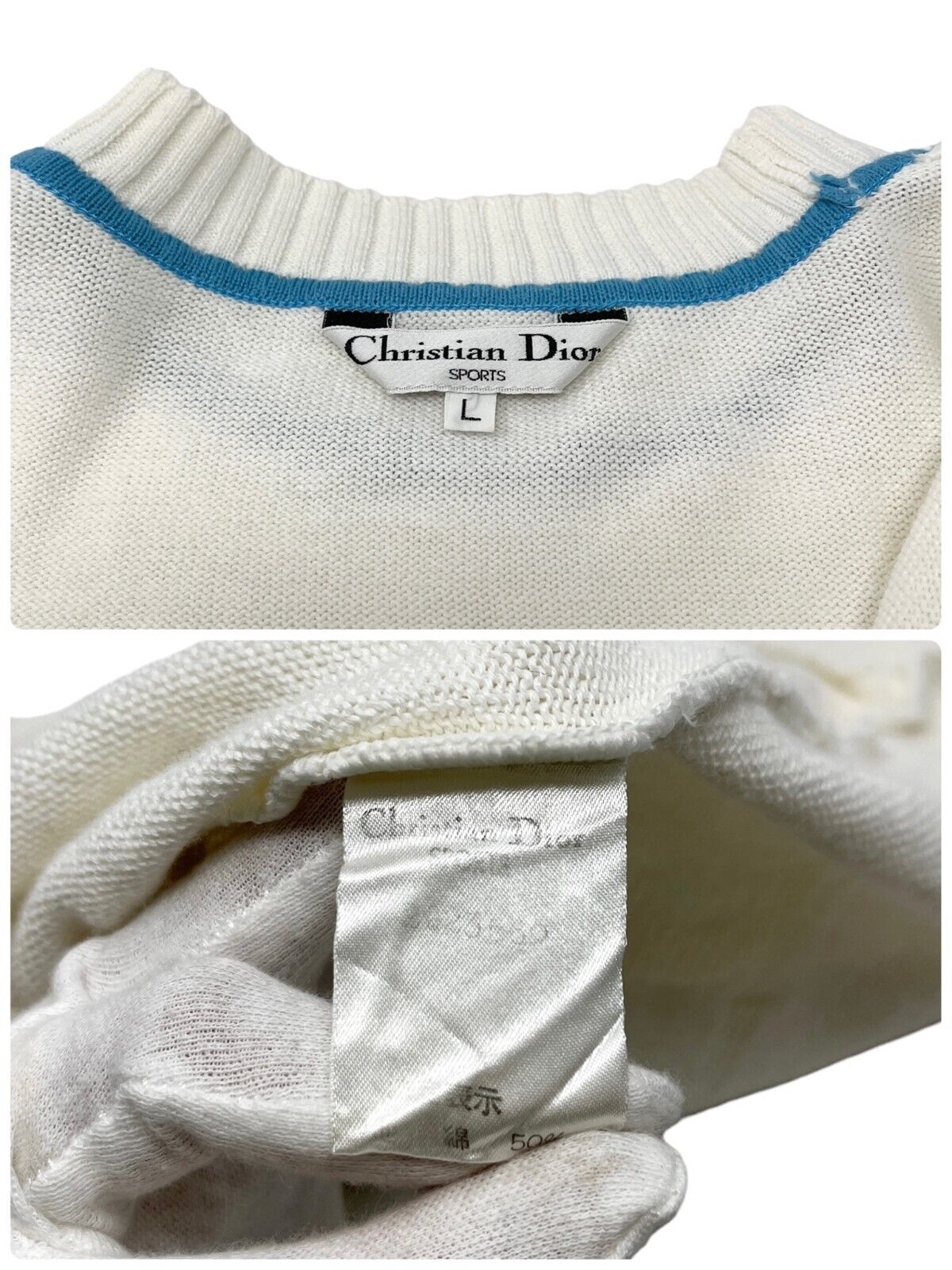 Christian Dior Sport Vintage Big Logo Knit Top #L Pullover White Cotton