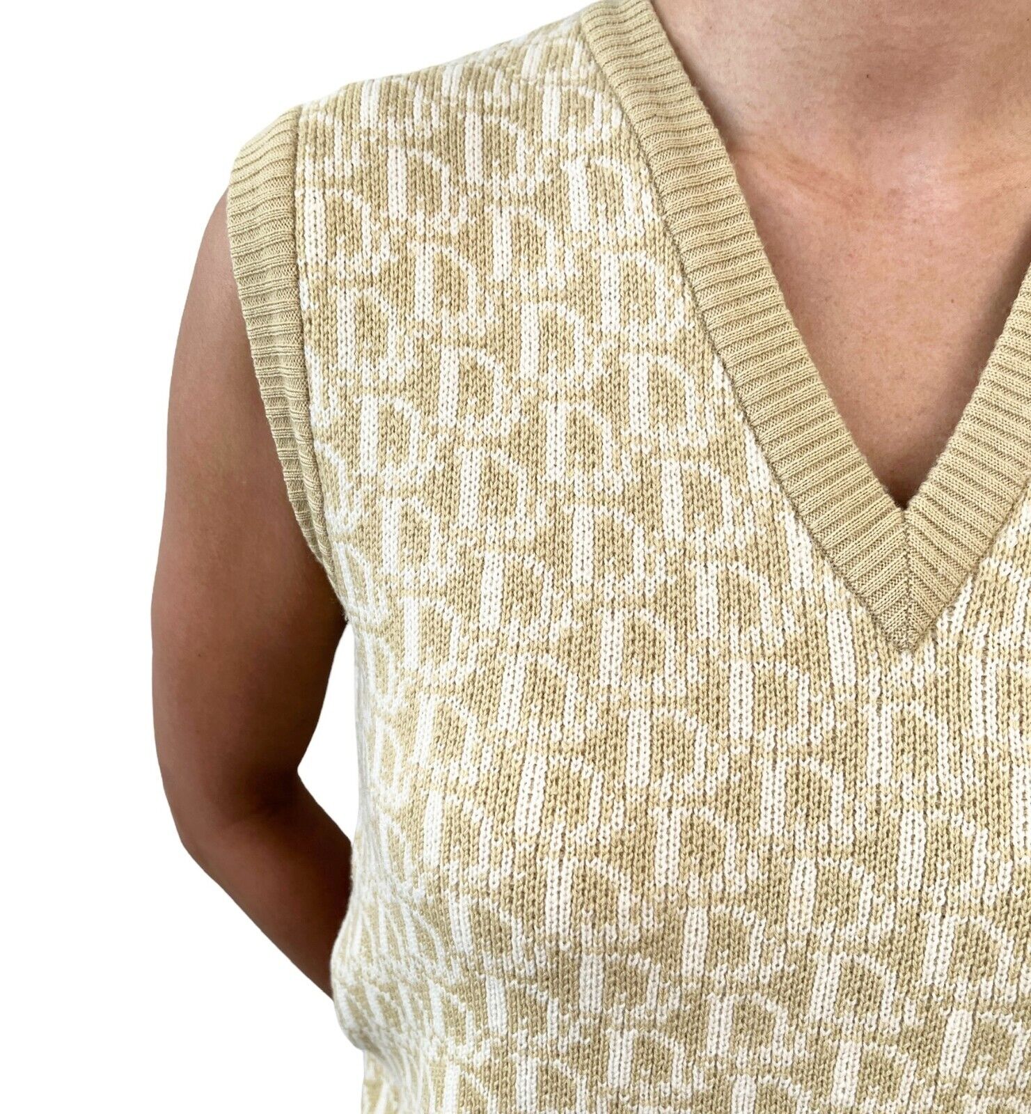 Christian Dior Vintage Logo Trotter Monogram Knit Vest #M Beige Wool