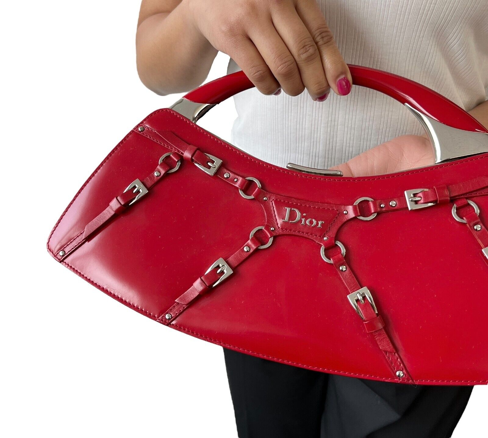 Christian Dior Vintage Logo Bondage Top Handle Bag Red Silver Leather