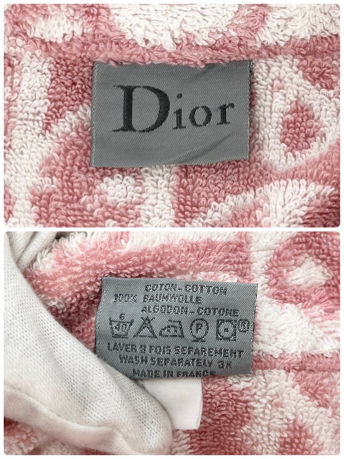 Dior Vintage Trotter Monogram Bath Robe Terry Cloth Pink White Cotton