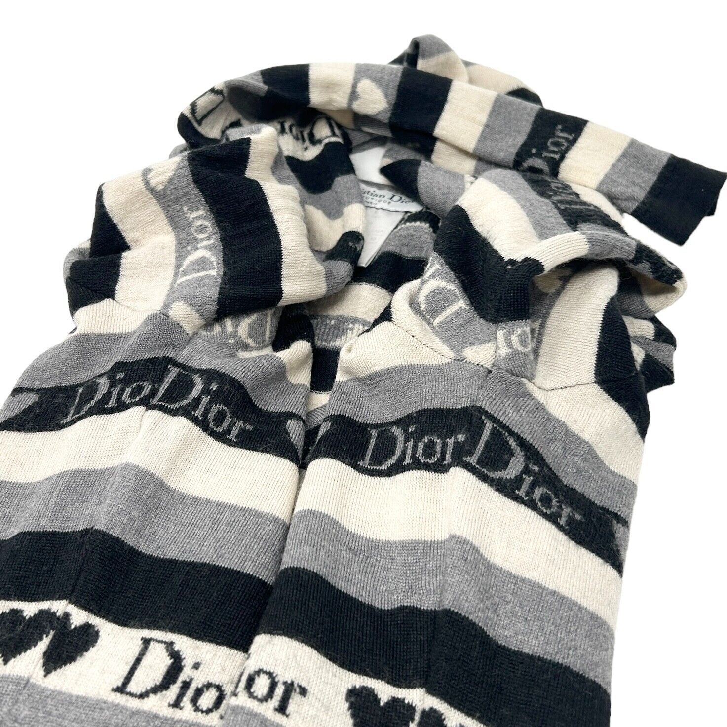 Christian Dior Vintage Logo Knit Top #42 Gray Black Heart Wool Stripe