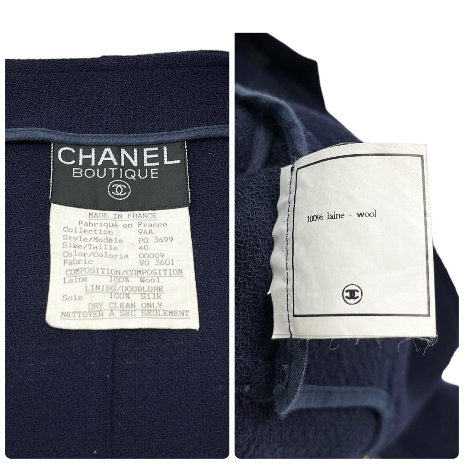 CHANEL Vintage 94A CC Logo Long Jacket #40 Coat Dress Dark Blue Wool