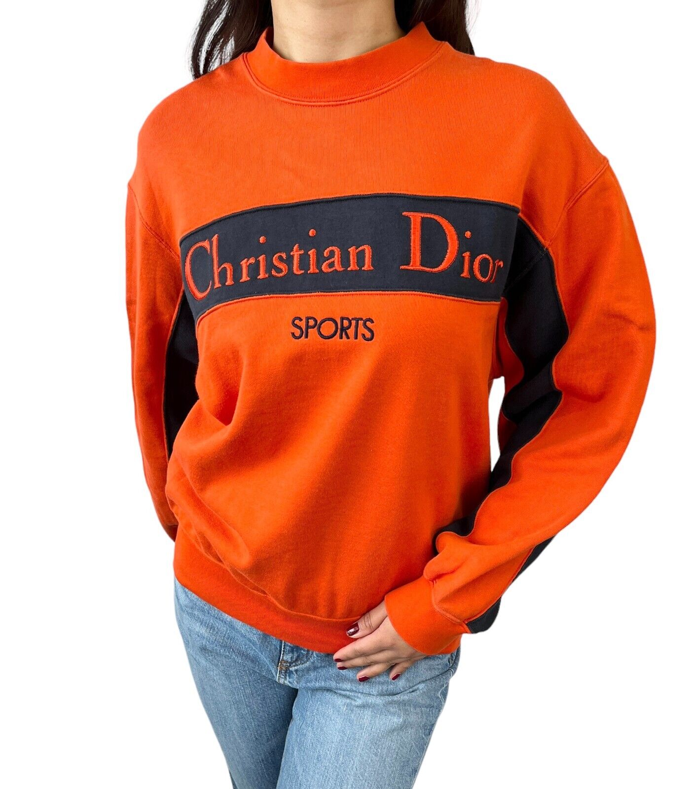 Christian Dior Sports Vintage Big Logo Sweatshirt Top #M Orange Black