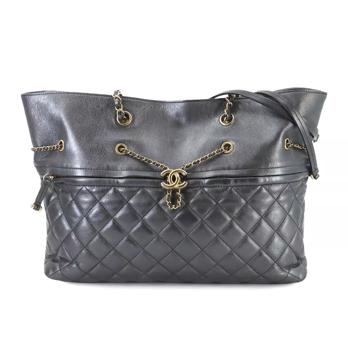 CHANEL Matelasse Drawstring Chain Tote Bag Leather Metallic Gray 90249682