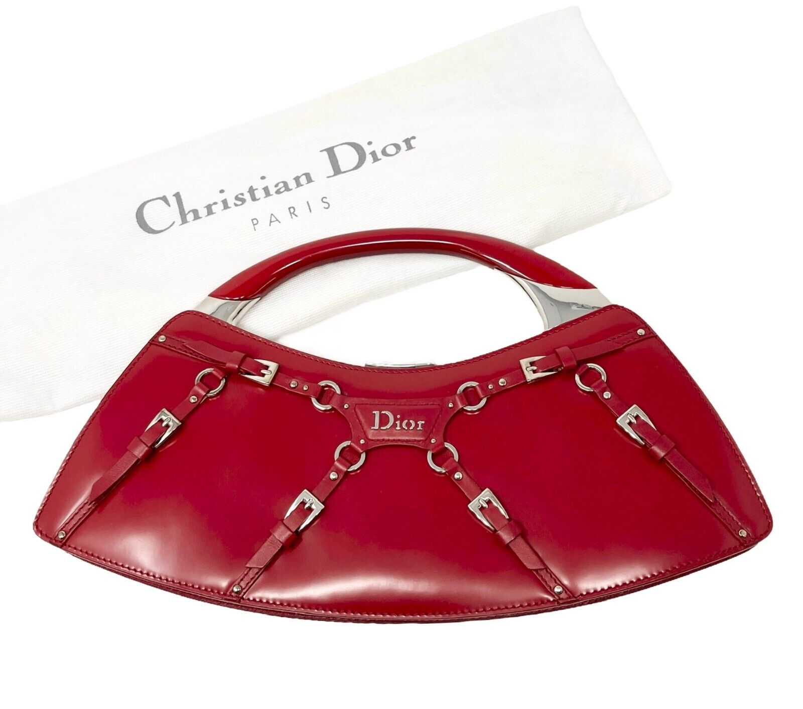 Christian Dior Vintage Logo Bondage Top Handle Bag Red Silver Leather