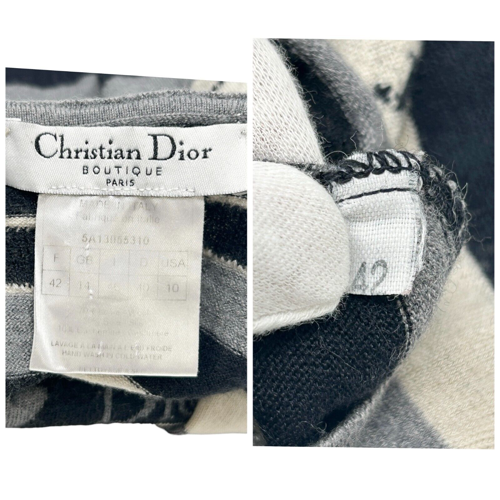 Christian Dior Vintage Logo Knit Top #42 Gray Black Heart Wool Stripe