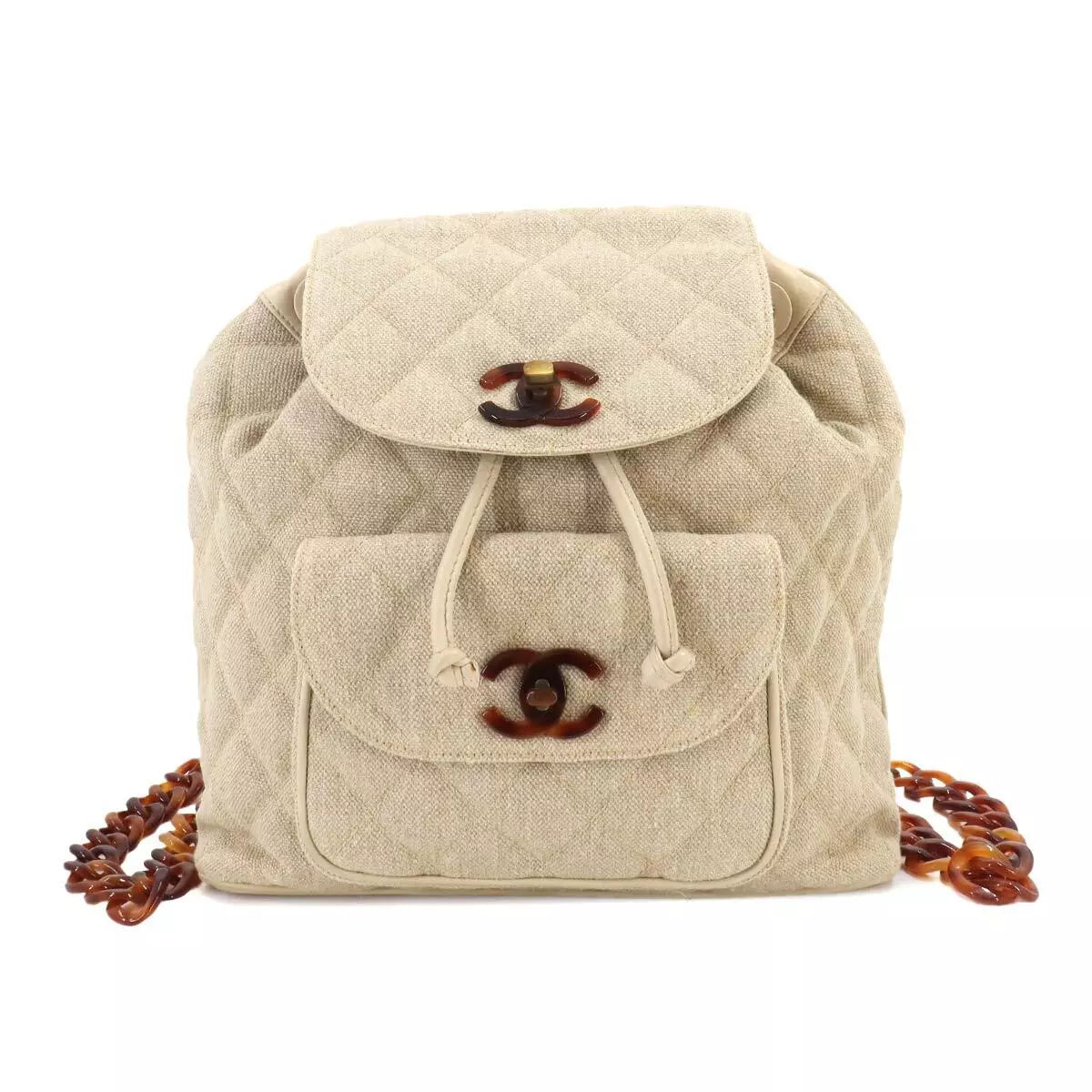 CHANEL Matelasse Plastic Chain Backpack Canvas Leather Beige Vintage 90242892