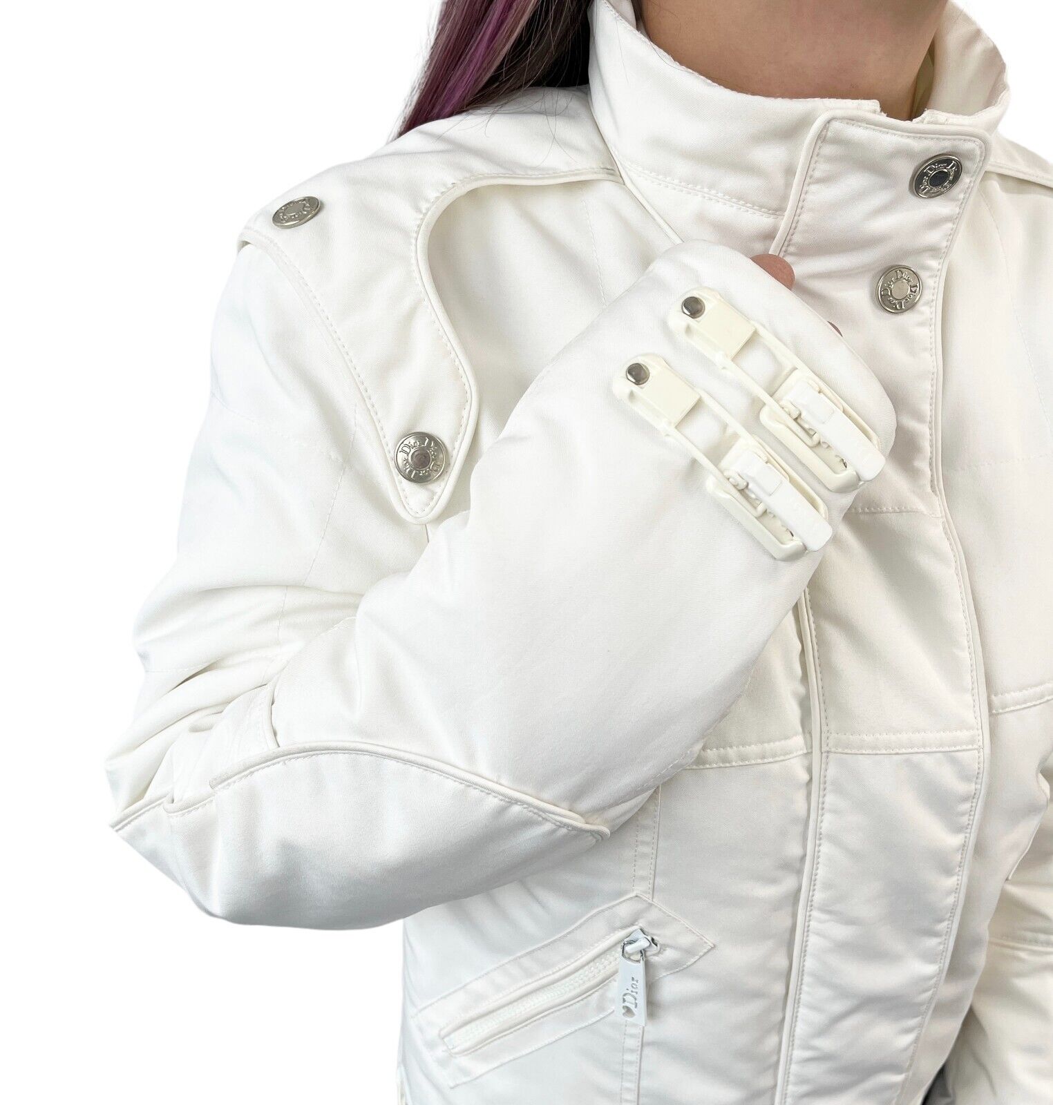 Christian Dior Vintage Logo Puffer Jacket #40 Zip White Silver Polyester