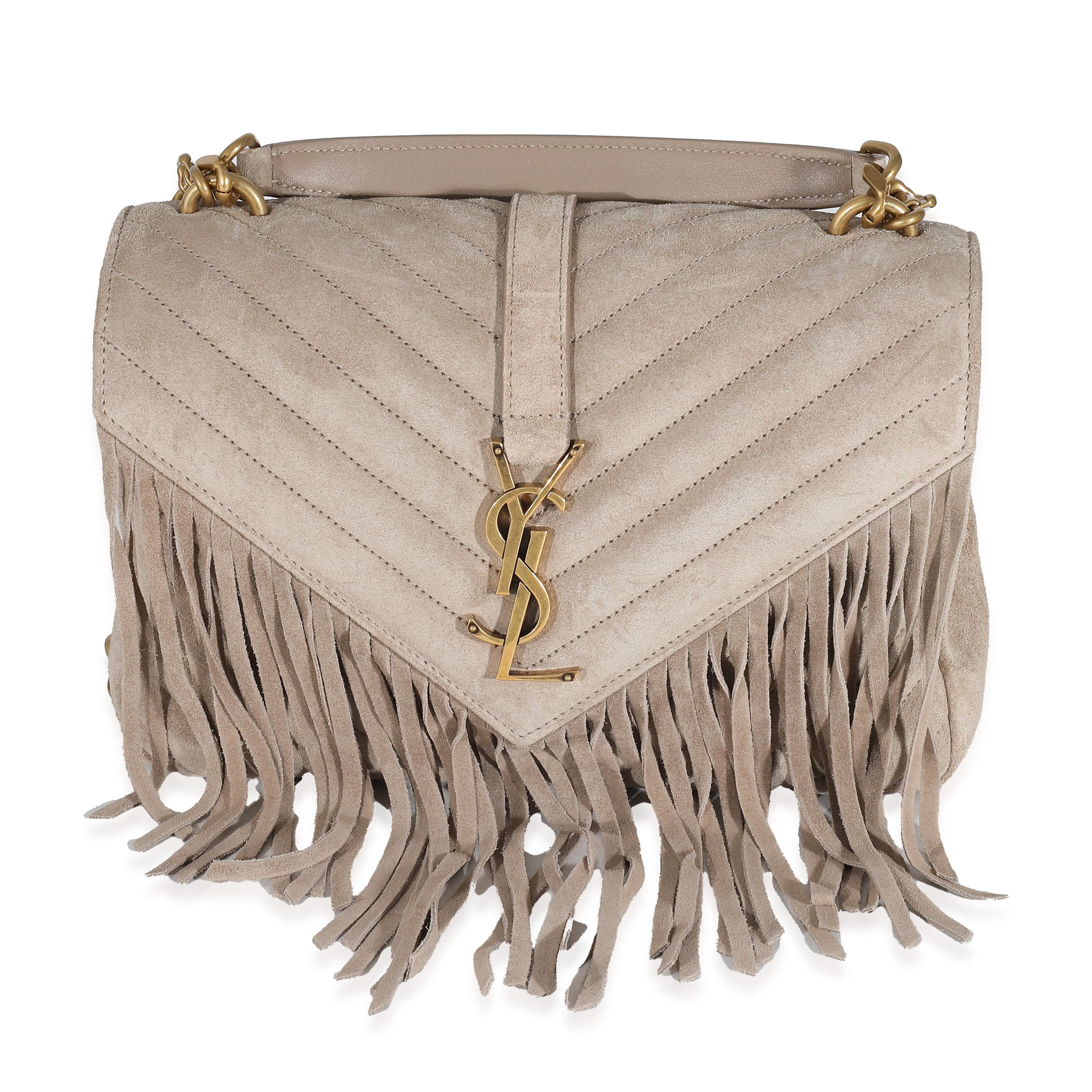 Saint Laurent Saint Laurent Beige Suede Matelasse Chevron Fringe Monogram Medium College Bag