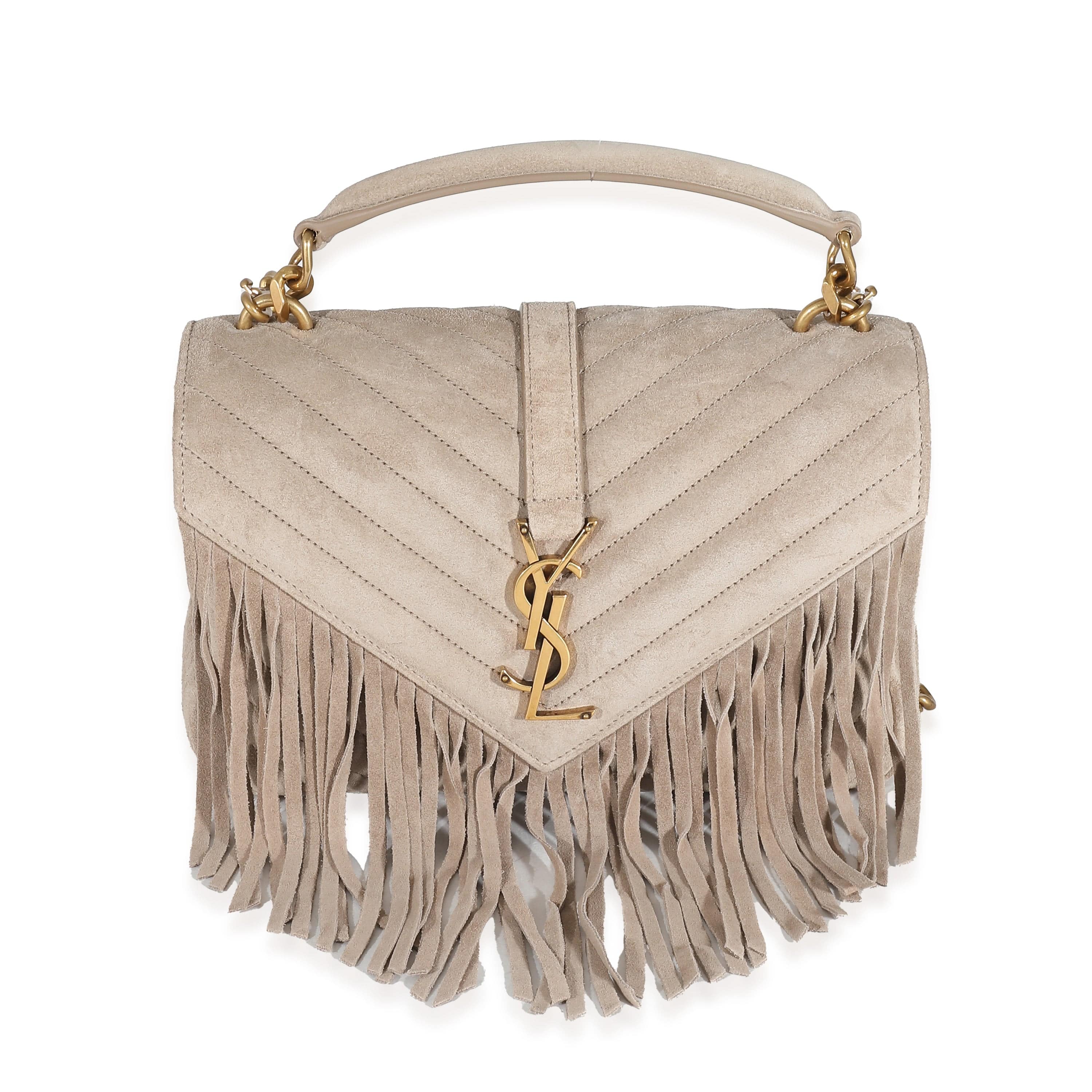 Saint Laurent Saint Laurent Beige Suede Matelasse Chevron Fringe Monogram Medium College Bag