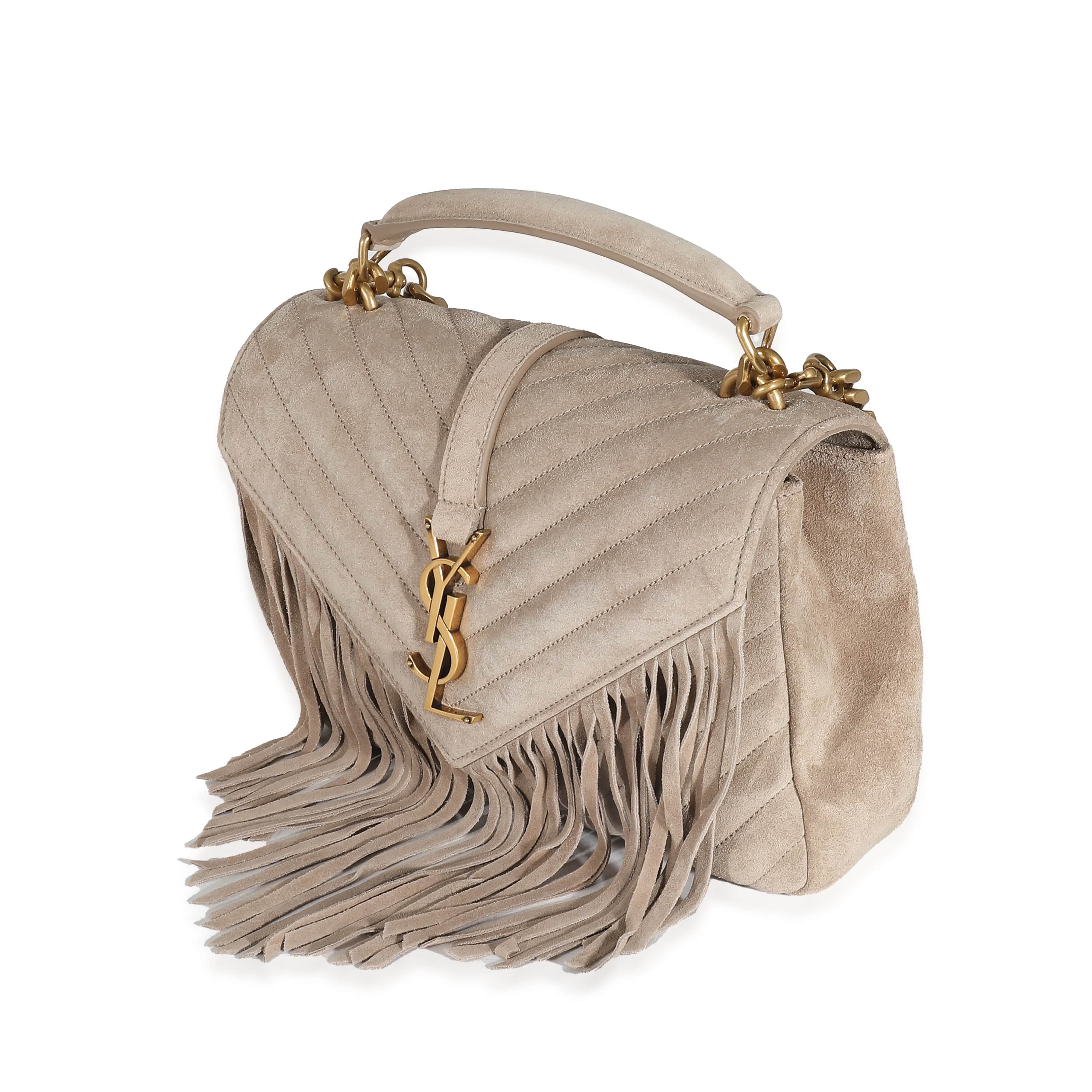 Saint Laurent Saint Laurent Beige Suede Matelasse Chevron Fringe Monogram Medium College Bag