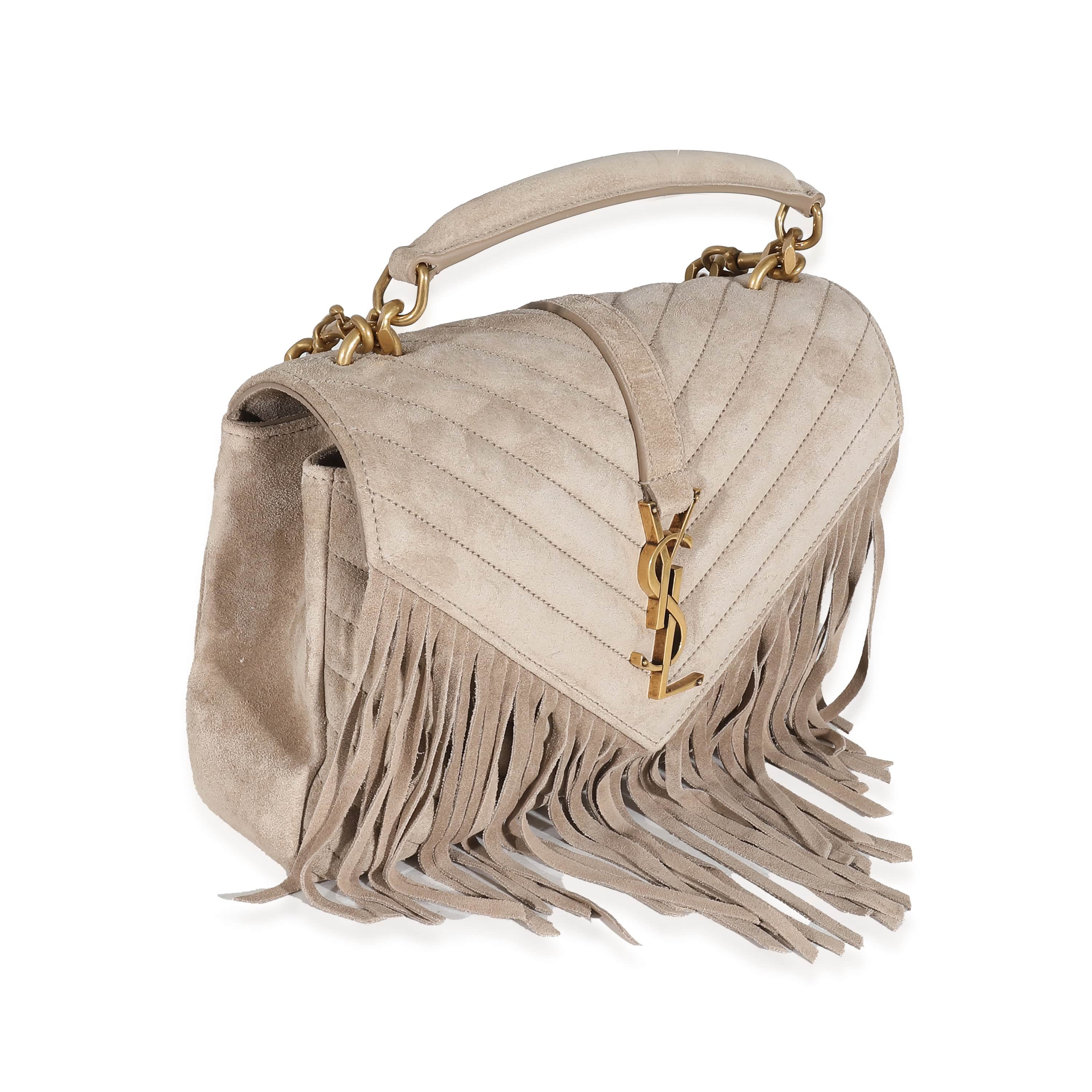 Saint Laurent Saint Laurent Beige Suede Matelasse Chevron Fringe Monogram Medium College Bag