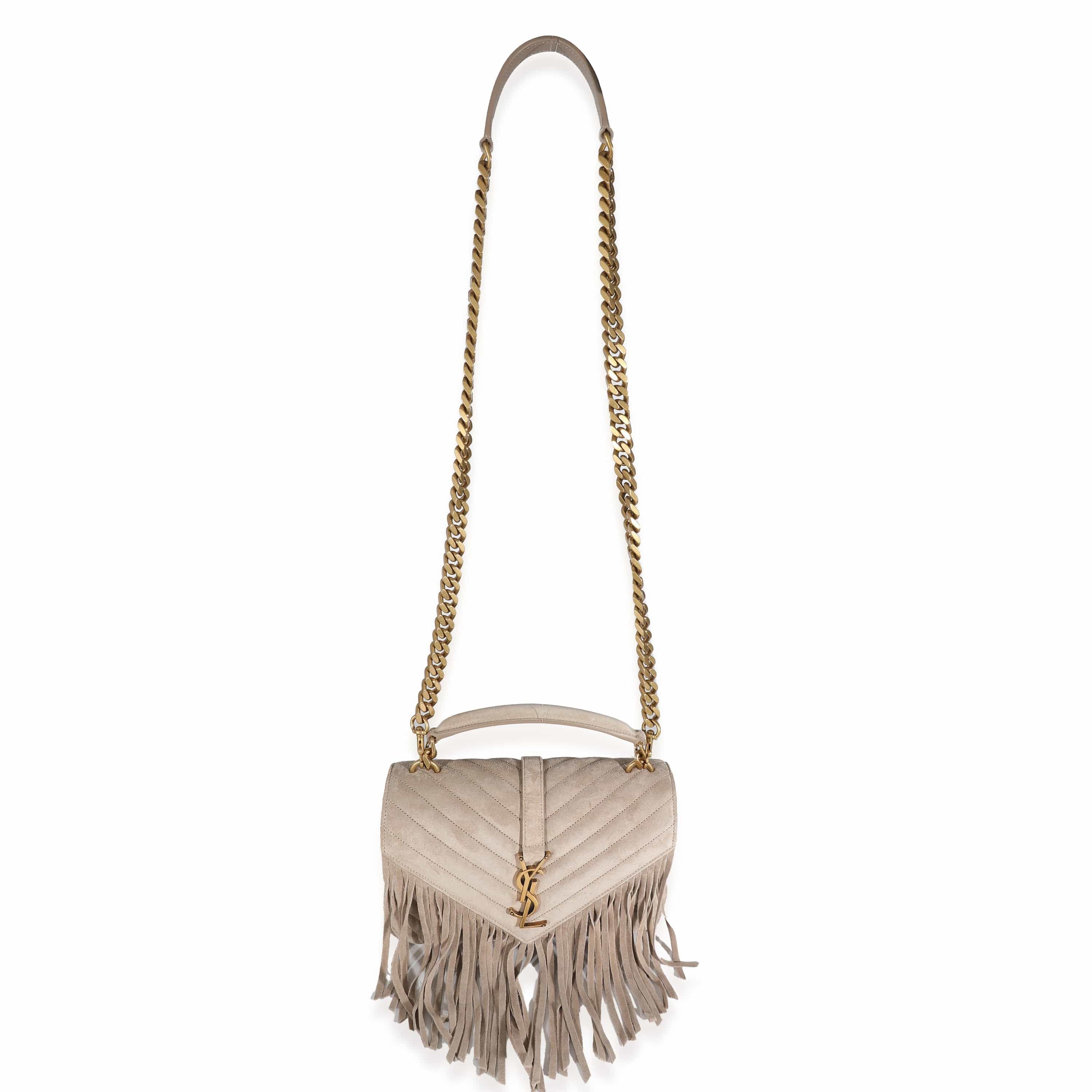 Saint Laurent Saint Laurent Beige Suede Matelasse Chevron Fringe Monogram Medium College Bag