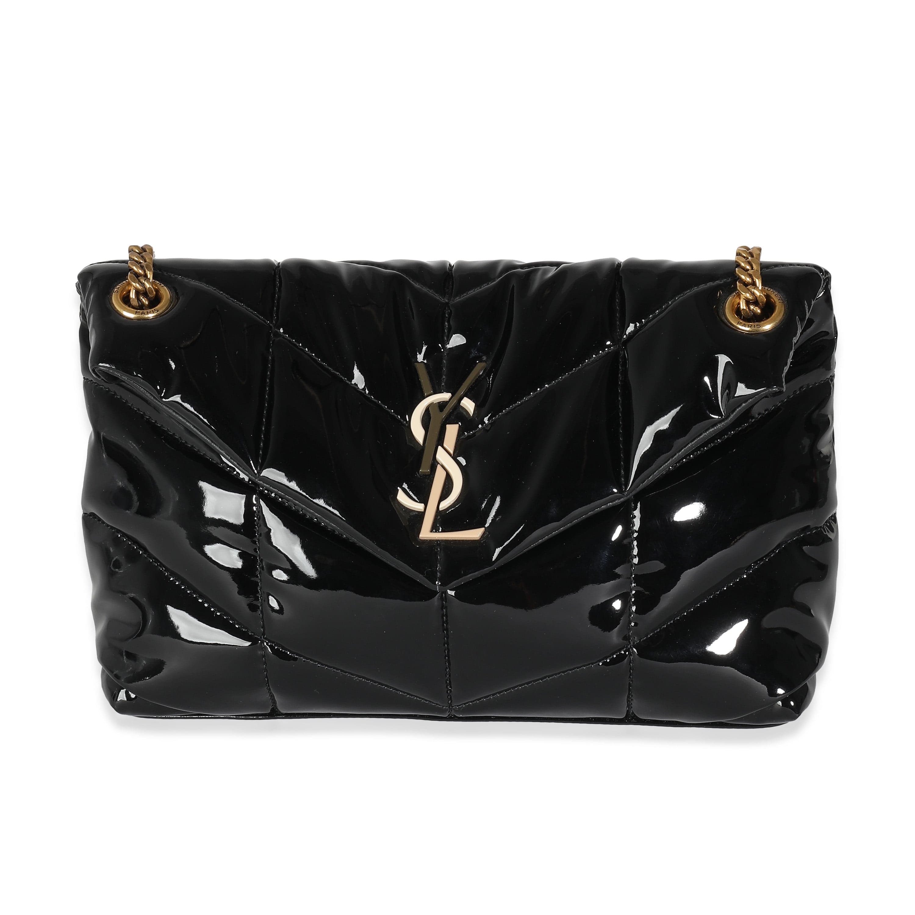 Saint Laurent YSL Black Quilted Patent Small Lou Puffer Chain Bag