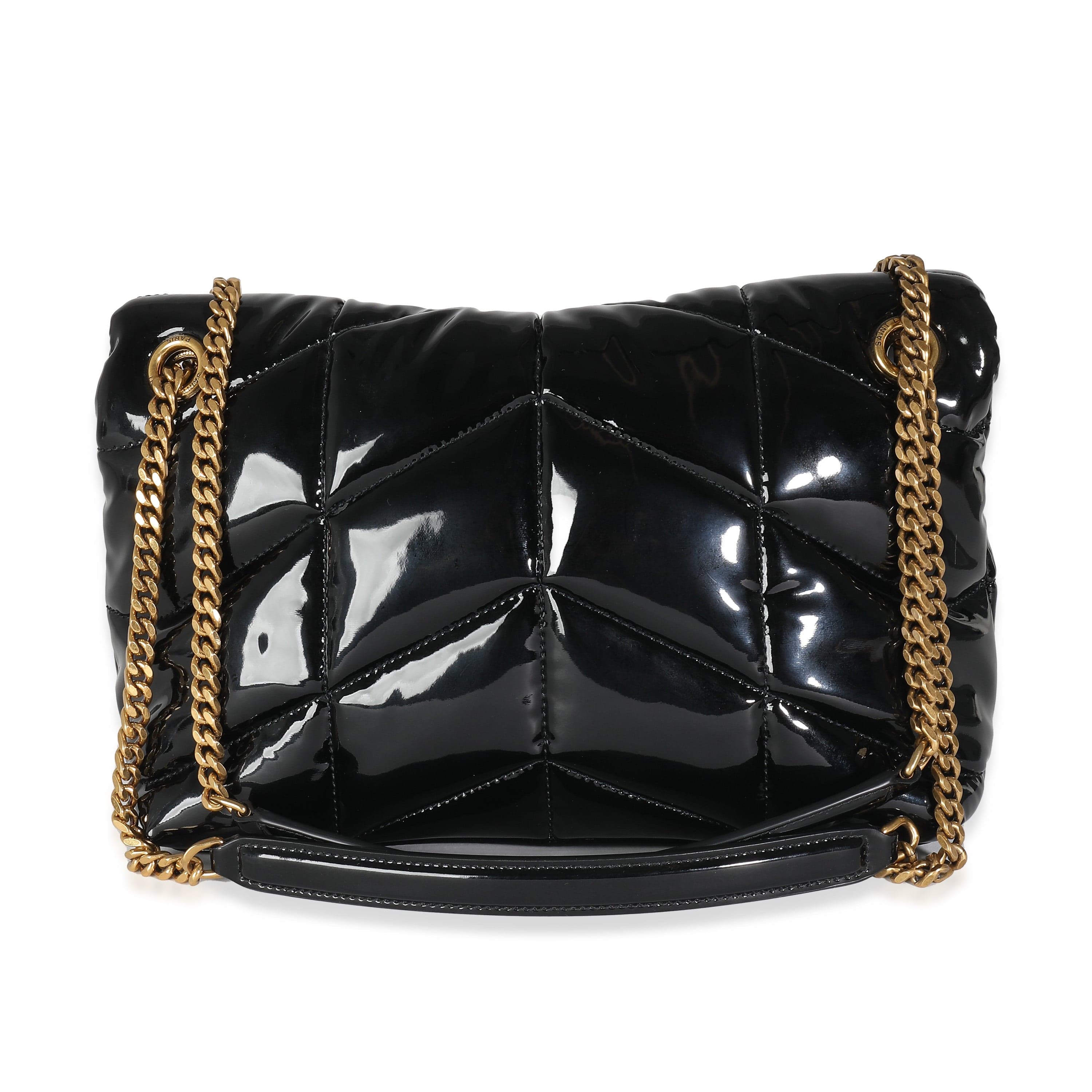 Saint Laurent YSL Black Quilted Patent Small Lou Puffer Chain Bag