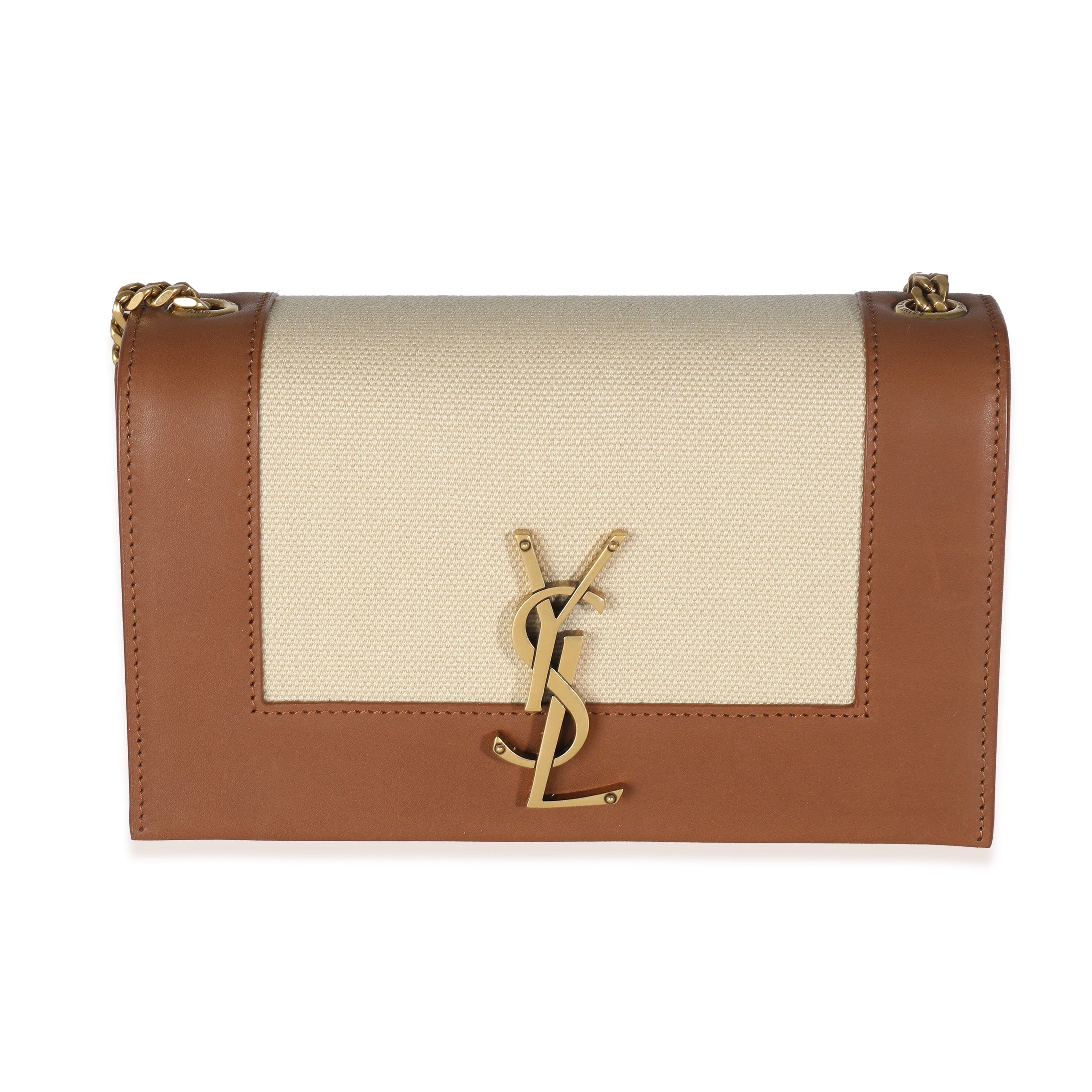 Saint Laurent YSL Brown Leather Linen Small Kate Wallet On Chain