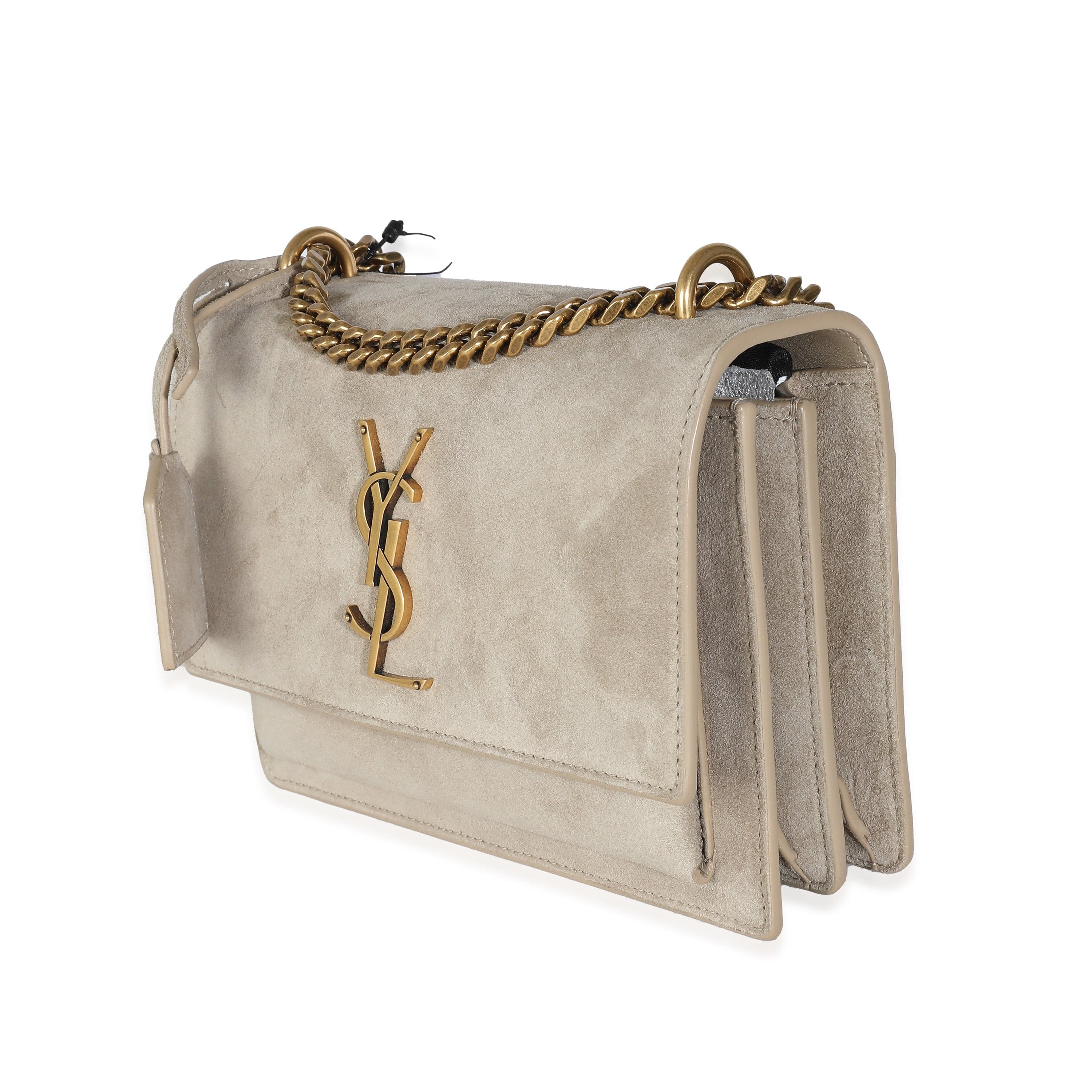 Saint Laurent YSL Matt Gold Suede Small Sunset Chain Bag