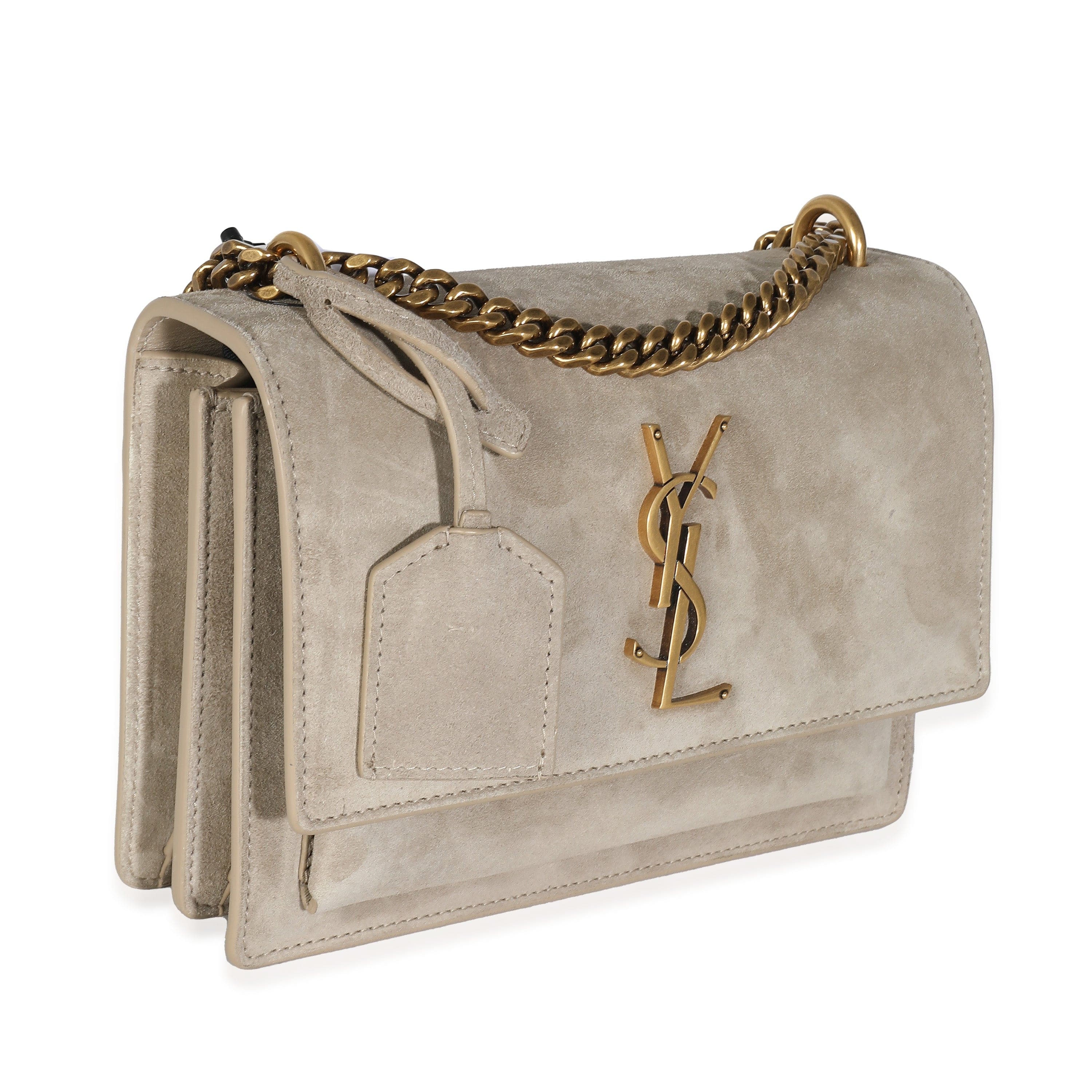 Saint Laurent YSL Matt Gold Suede Small Sunset Chain Bag