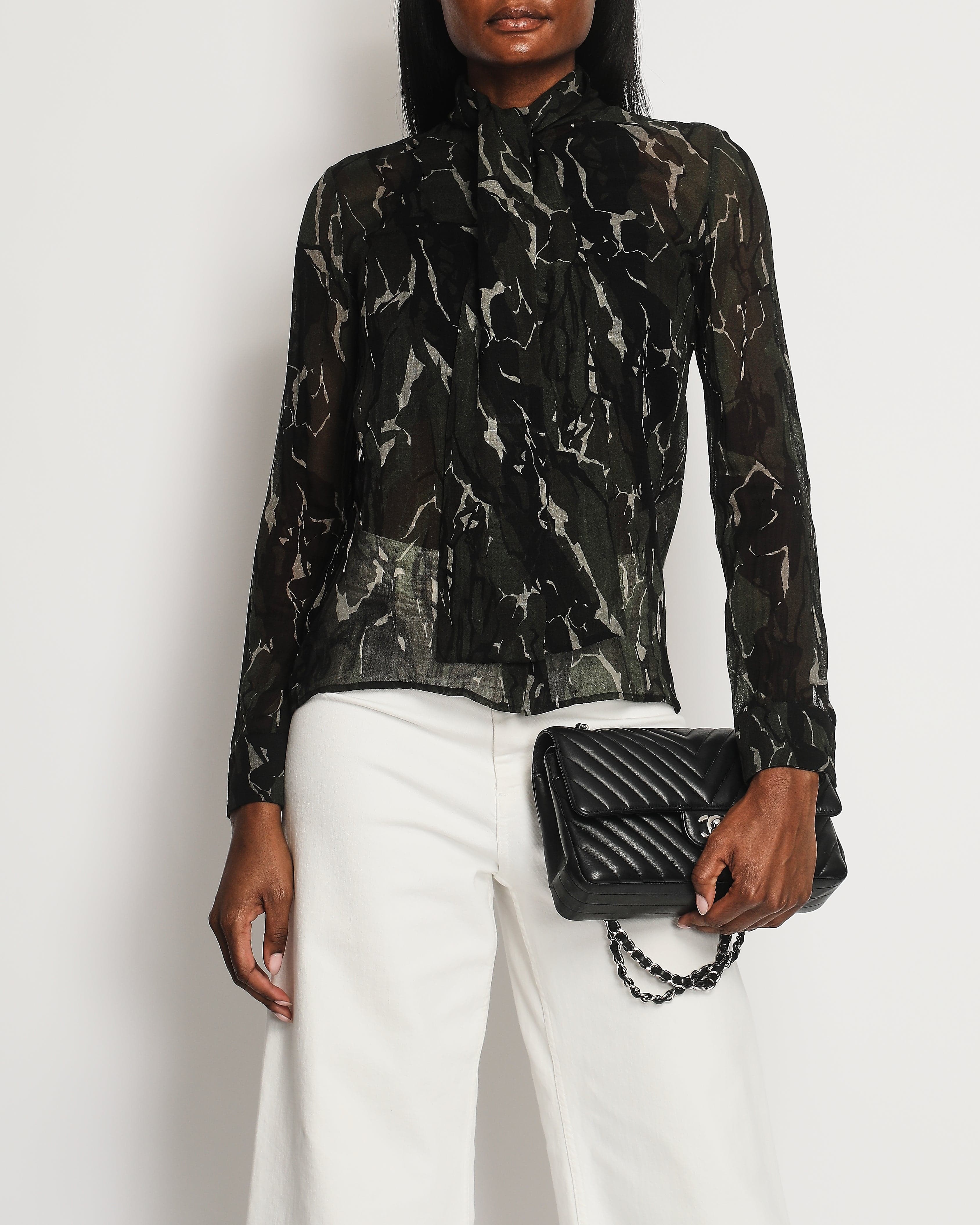 Sellier Lowndes Street Saint Laurent Black and Deep Green Marble Print Sheer Virgin Wool Shirt Size FR 36 (UK 8)