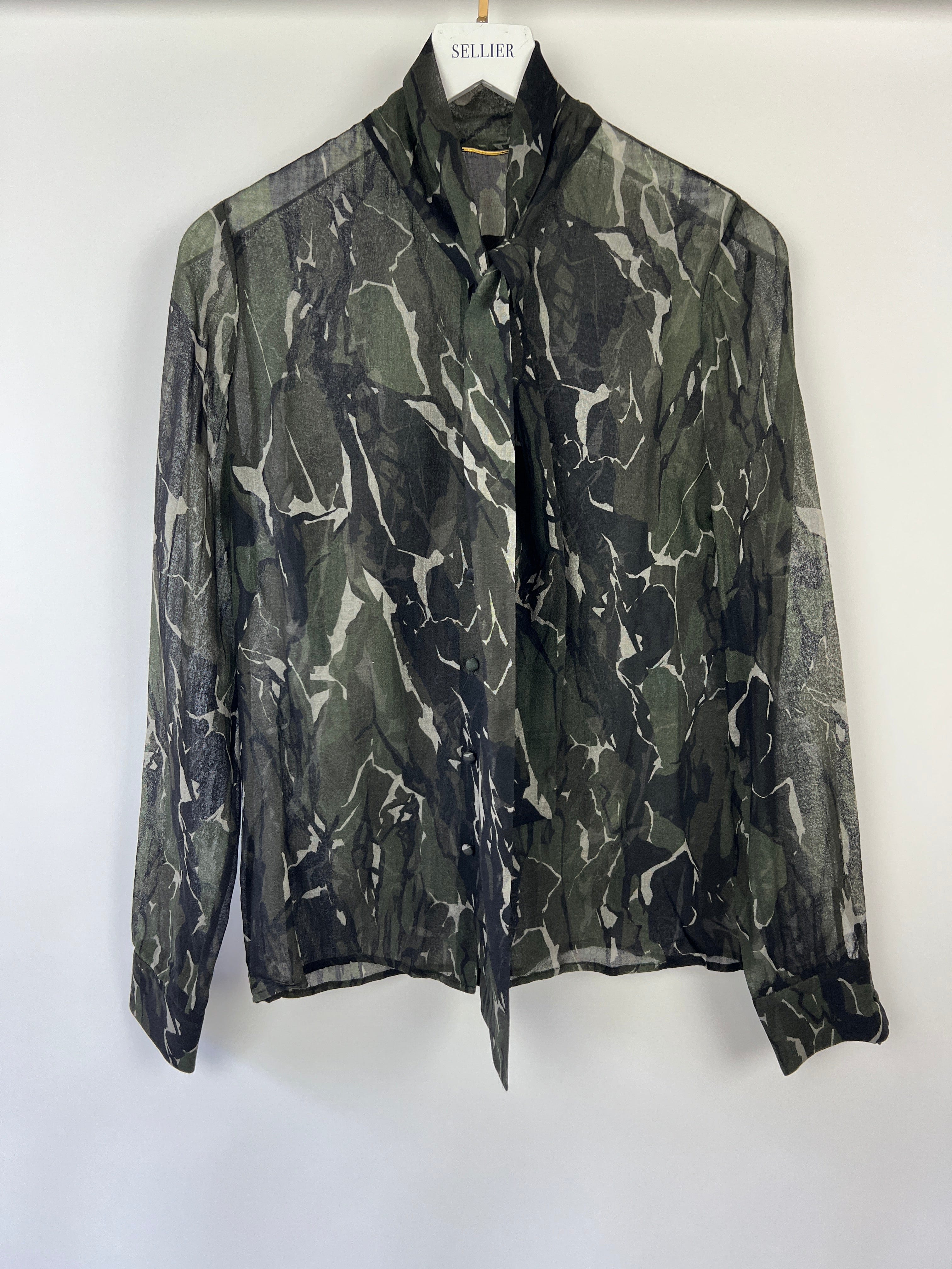 Sellier Lowndes Street Saint Laurent Black and Deep Green Marble Print Sheer Virgin Wool Shirt Size FR 36 (UK 8)