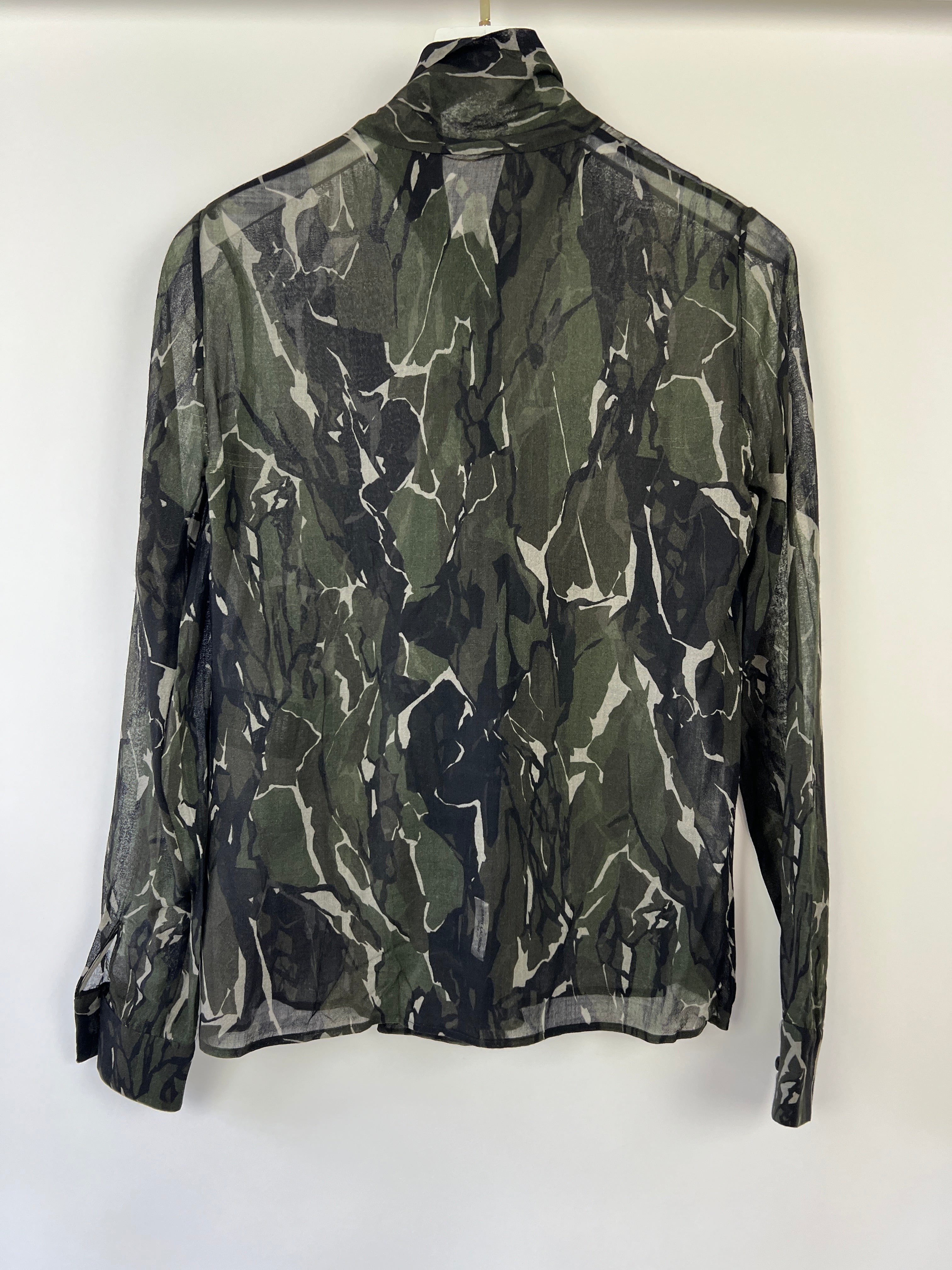 Sellier Lowndes Street Saint Laurent Black and Deep Green Marble Print Sheer Virgin Wool Shirt Size FR 36 (UK 8)