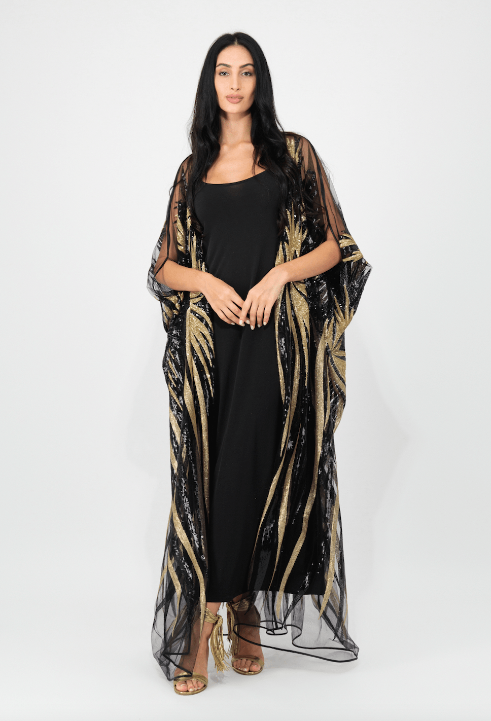 TAIRA Empress Kaftan BLACK PALM with Slip REC1471