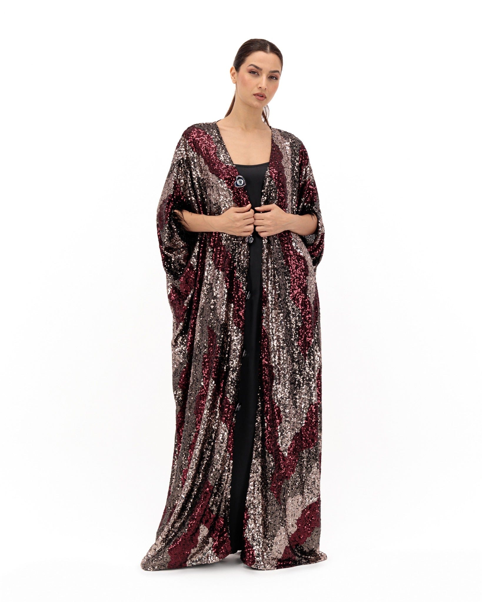 TAIRA Maroon empress kaftan With ostrich feathers on sleeve RJC4115