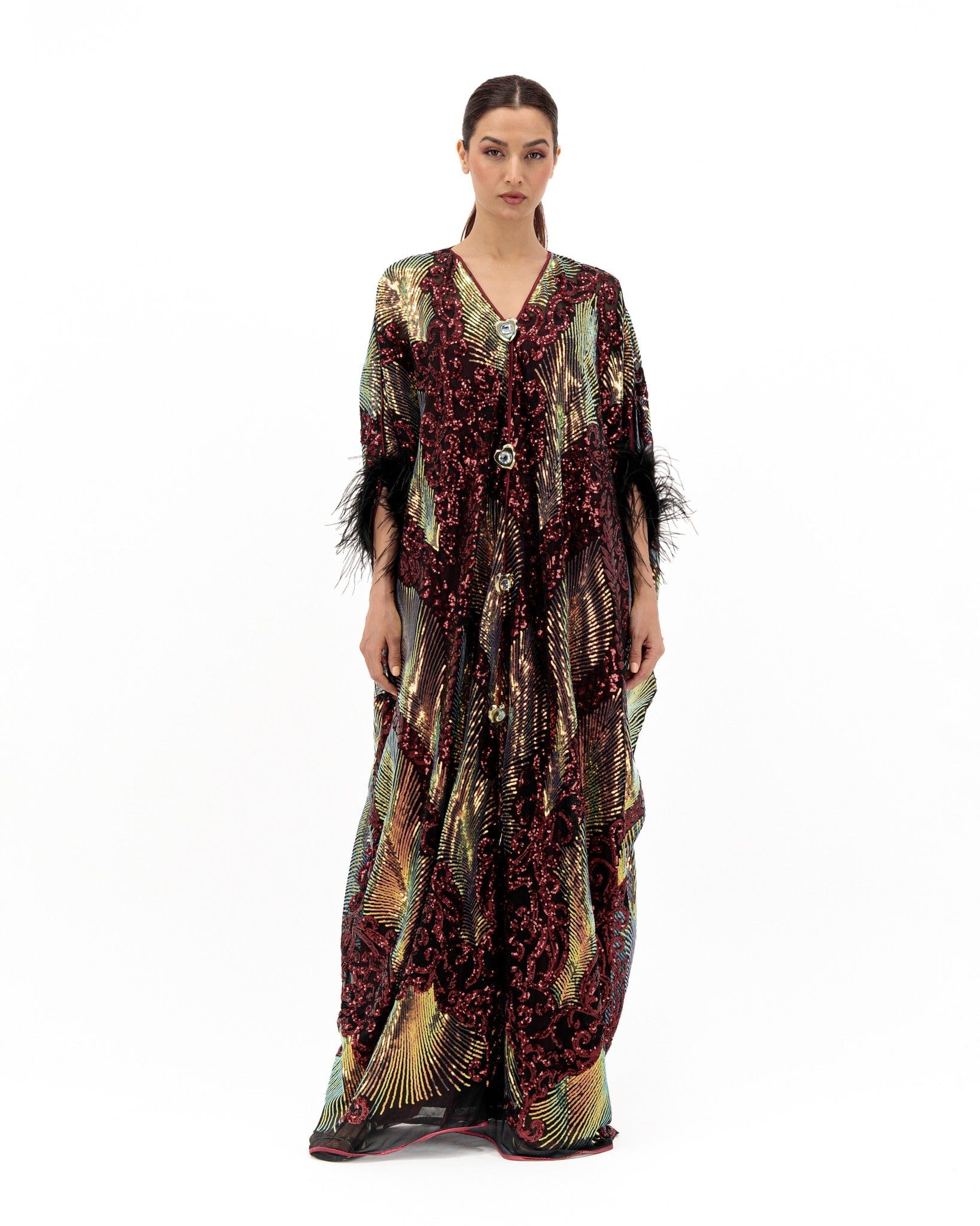 TAIRA SWIRL KAFTAN WITH SLIP BURGUNDY With ostrich feathers on sleeve