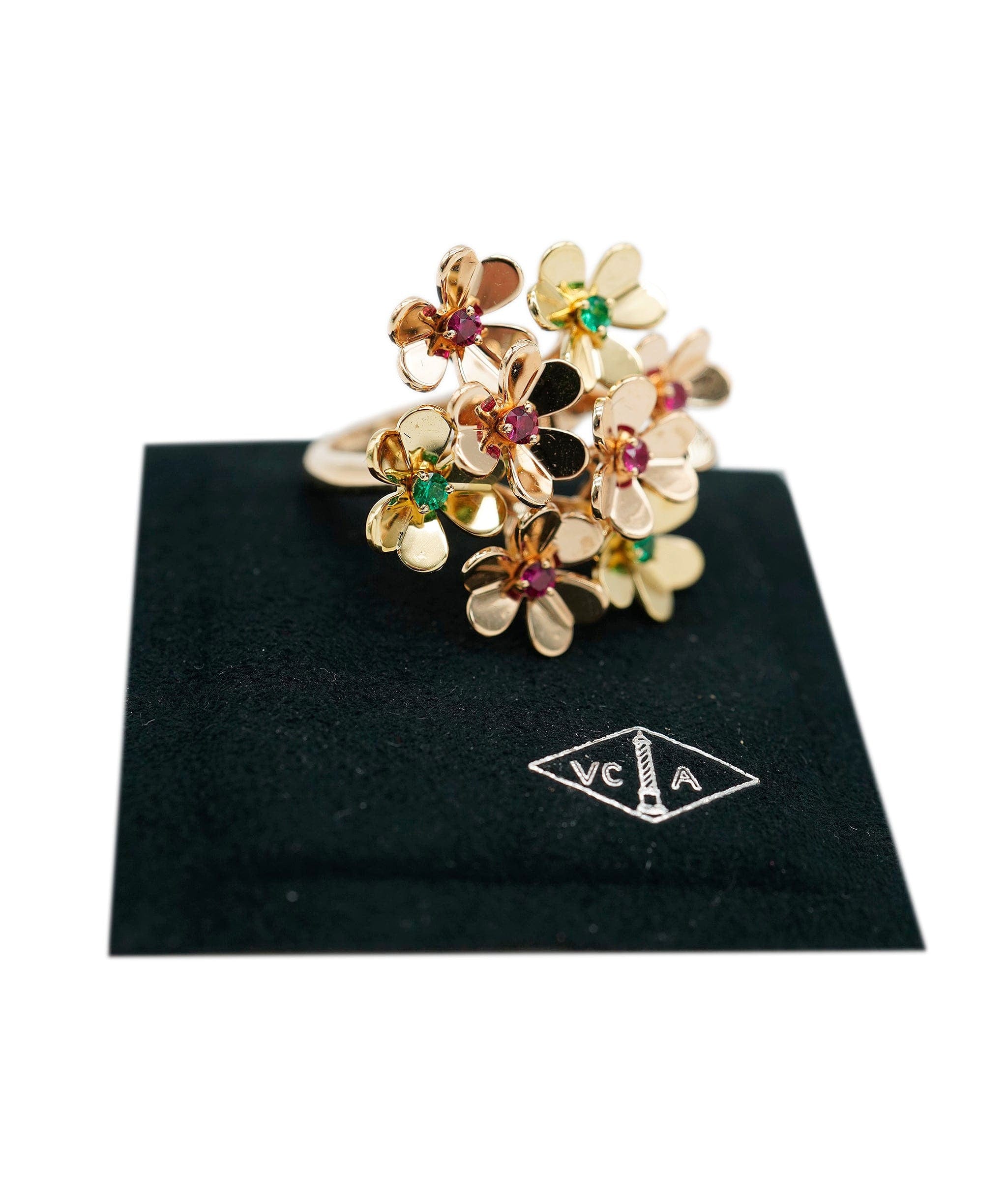 Van Cleef 0000-Van Cleef And Arples Rose Gold Flower Ring With Pink And Green