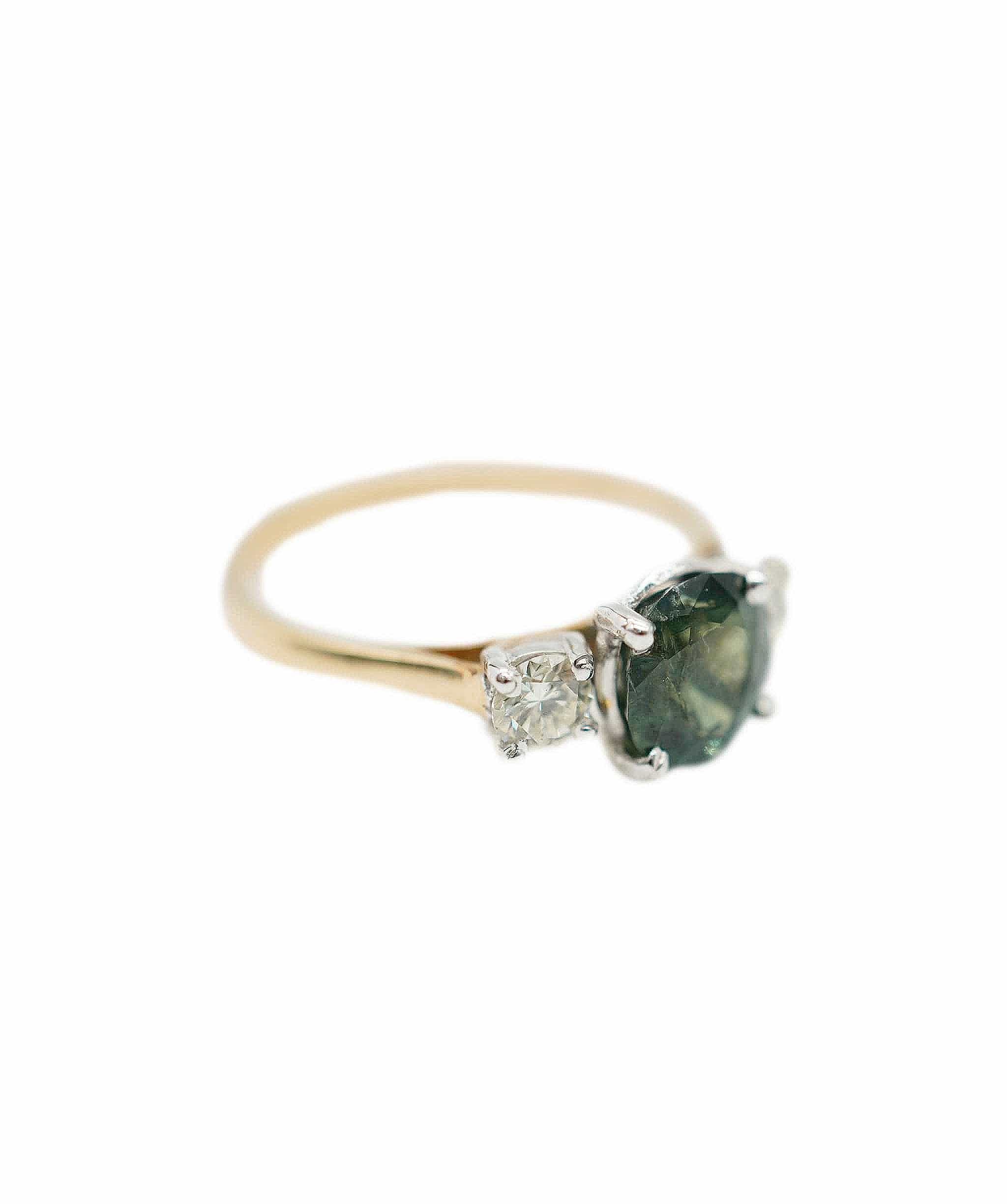 VCA Green sapphire (apx. 1.50cts) and diamond three-stone (apx. 0.35ct total) ring 18K YG  AHC1189