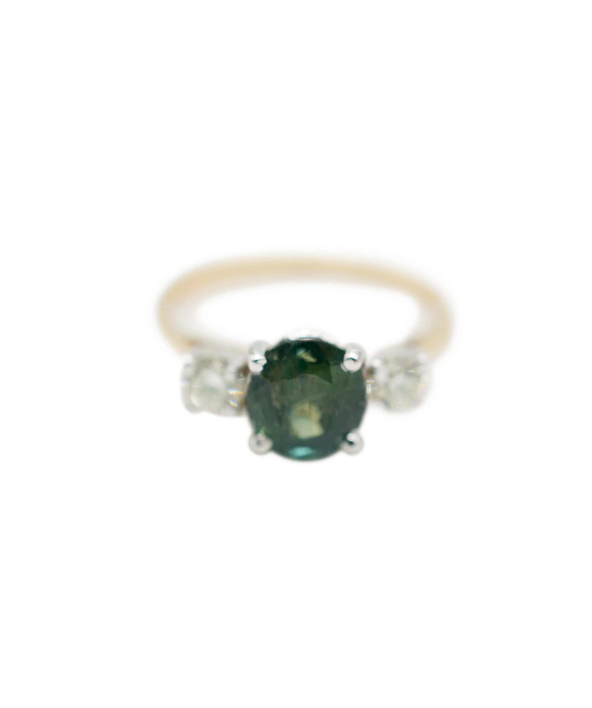 VCA Green sapphire (apx. 1.50cts) and diamond three-stone (apx. 0.35ct total) ring 18K YG  AHC1189