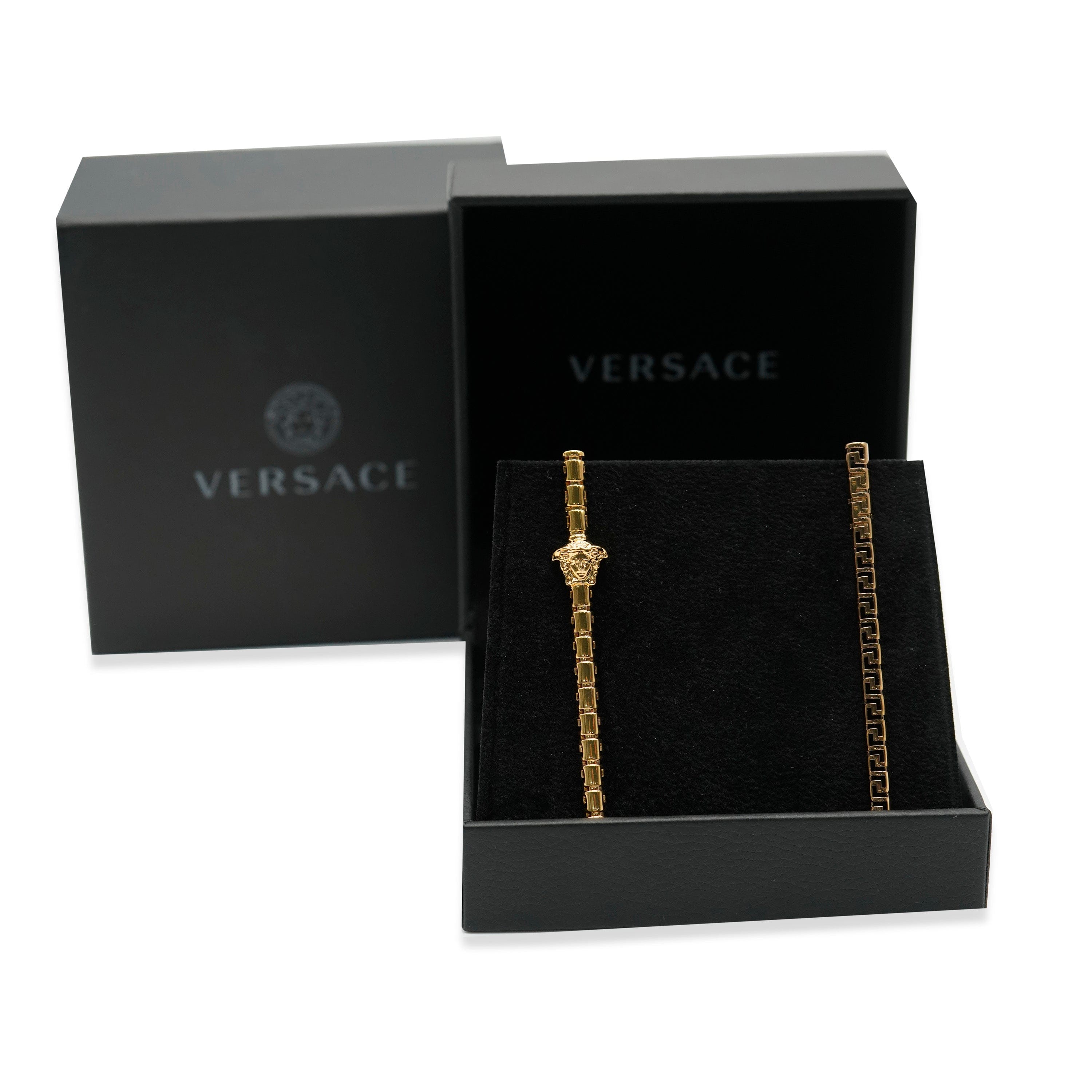 Versace La Medusa Greca Asymmetric Gold Tone Drop Earrings