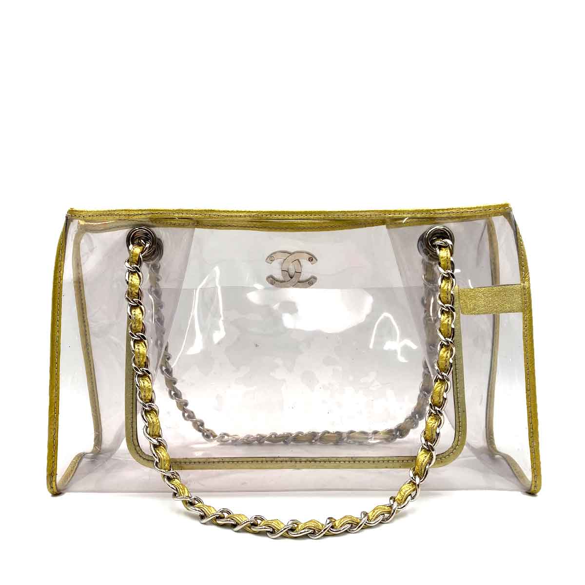 VINTAGE LOVER PURPOSE CHANEL VINTAGE COCOMARK CLEAR CHAIN TOTE BAG GOLD VINYL SHW 90237903