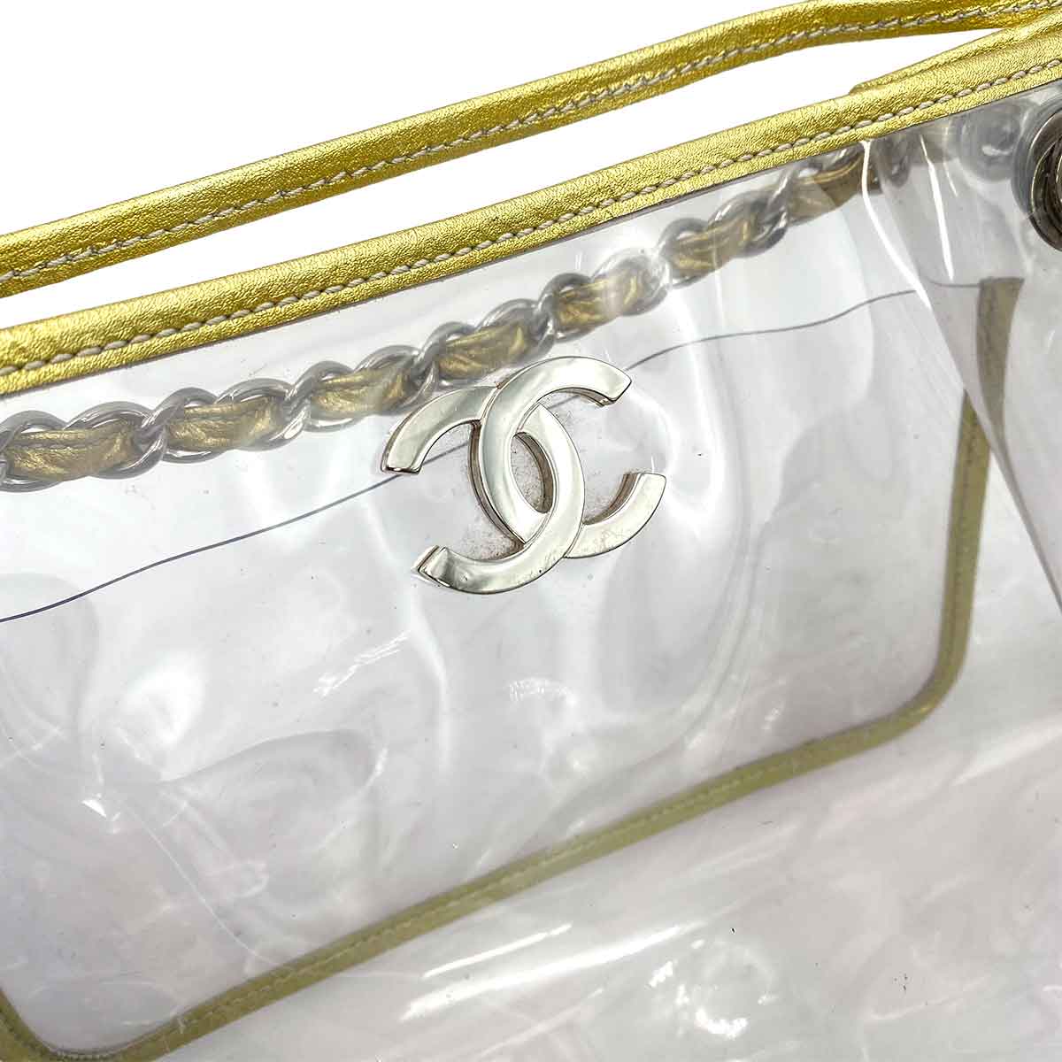 VINTAGE LOVER PURPOSE CHANEL VINTAGE COCOMARK CLEAR CHAIN TOTE BAG GOLD VINYL SHW 90237903