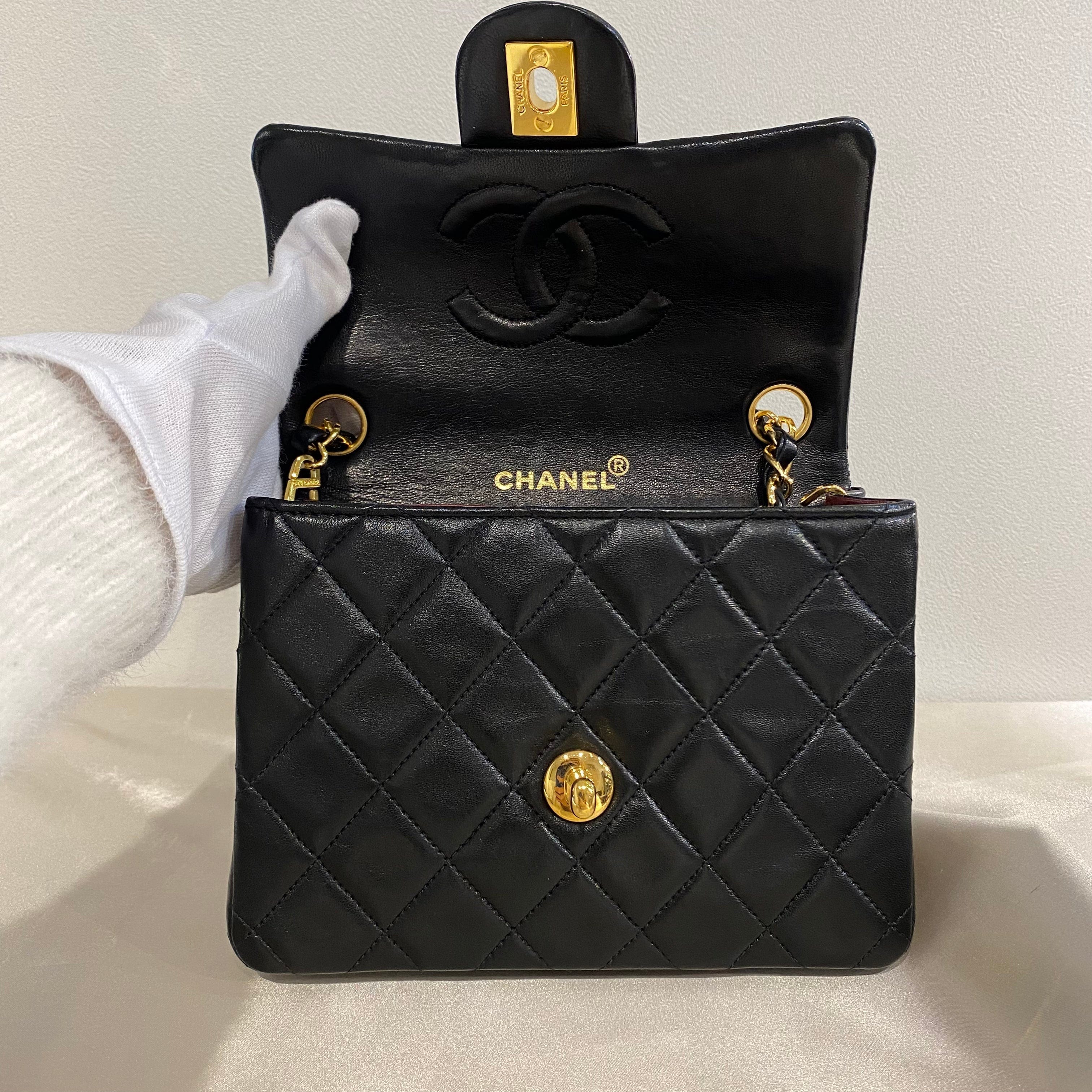 VINTAGE LOVER PURPOSE CHANEL VINTAGE MINI SQUARE 17 CHAIN SHOULDER BAG BLACK LAMB SKIN 90209424