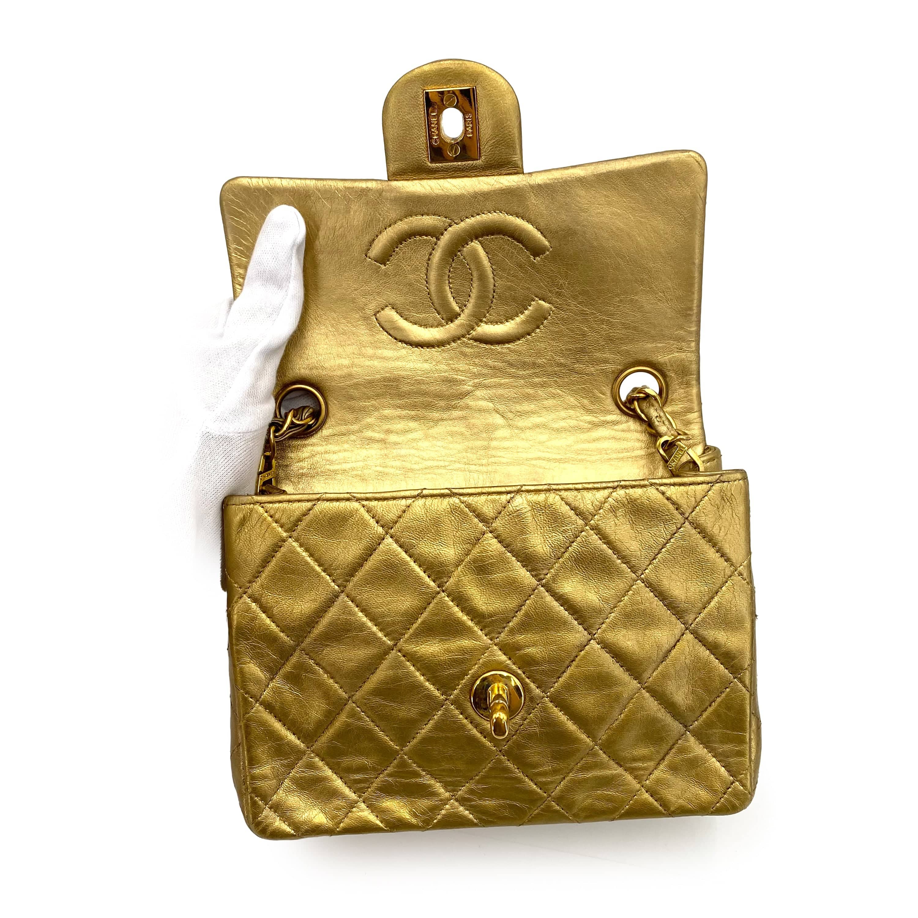 VINTAGE LOVER PURPOSE CHANEL VINTAGE MINI SQUARE 17 CHAIN SHOULDER BAG GOLD LAMB SKIN 90239423