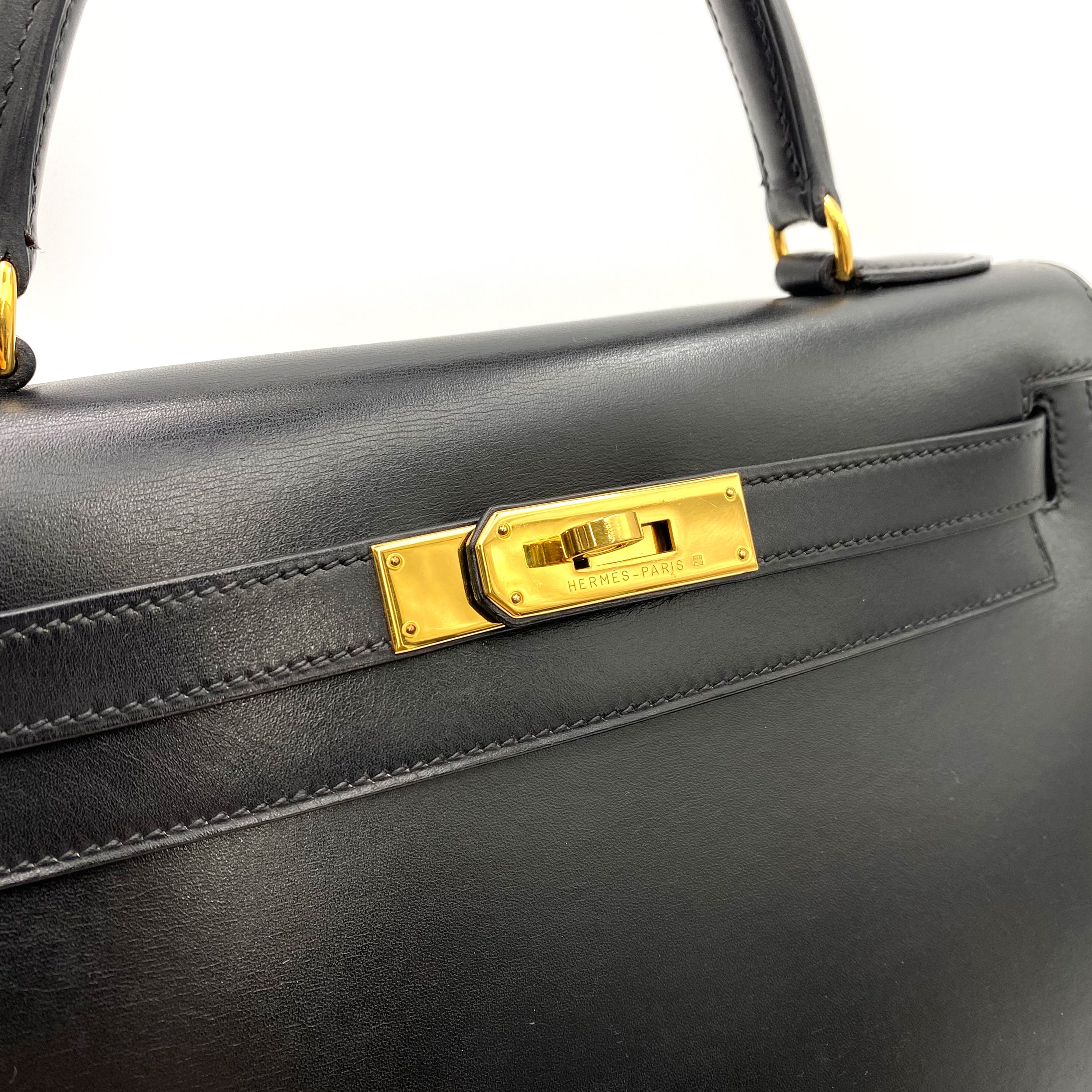 VINTAGE LOVER PURPOSE HERMES KELLY 28 SELLIER BLACK BOXCALF HAND SHOULDER BAG □C 90236751