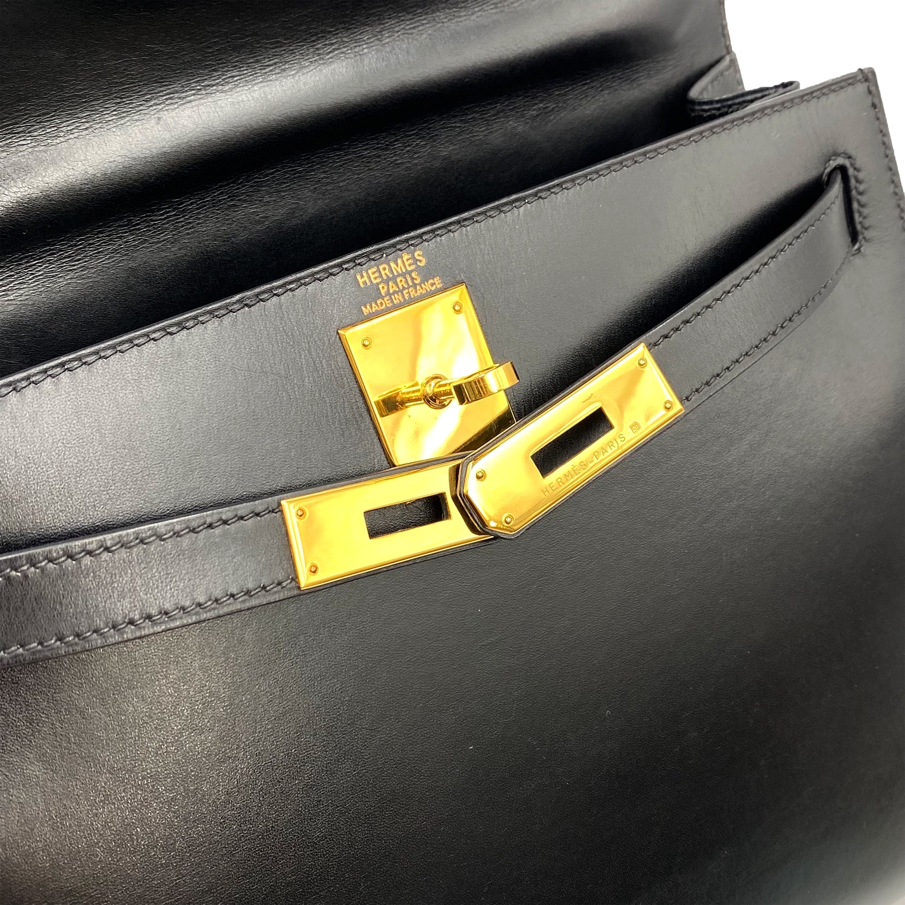 VINTAGE LOVER PURPOSE HERMES KELLY 28 SELLIER BLACK BOXCALF HAND SHOULDER BAG □C 90236751