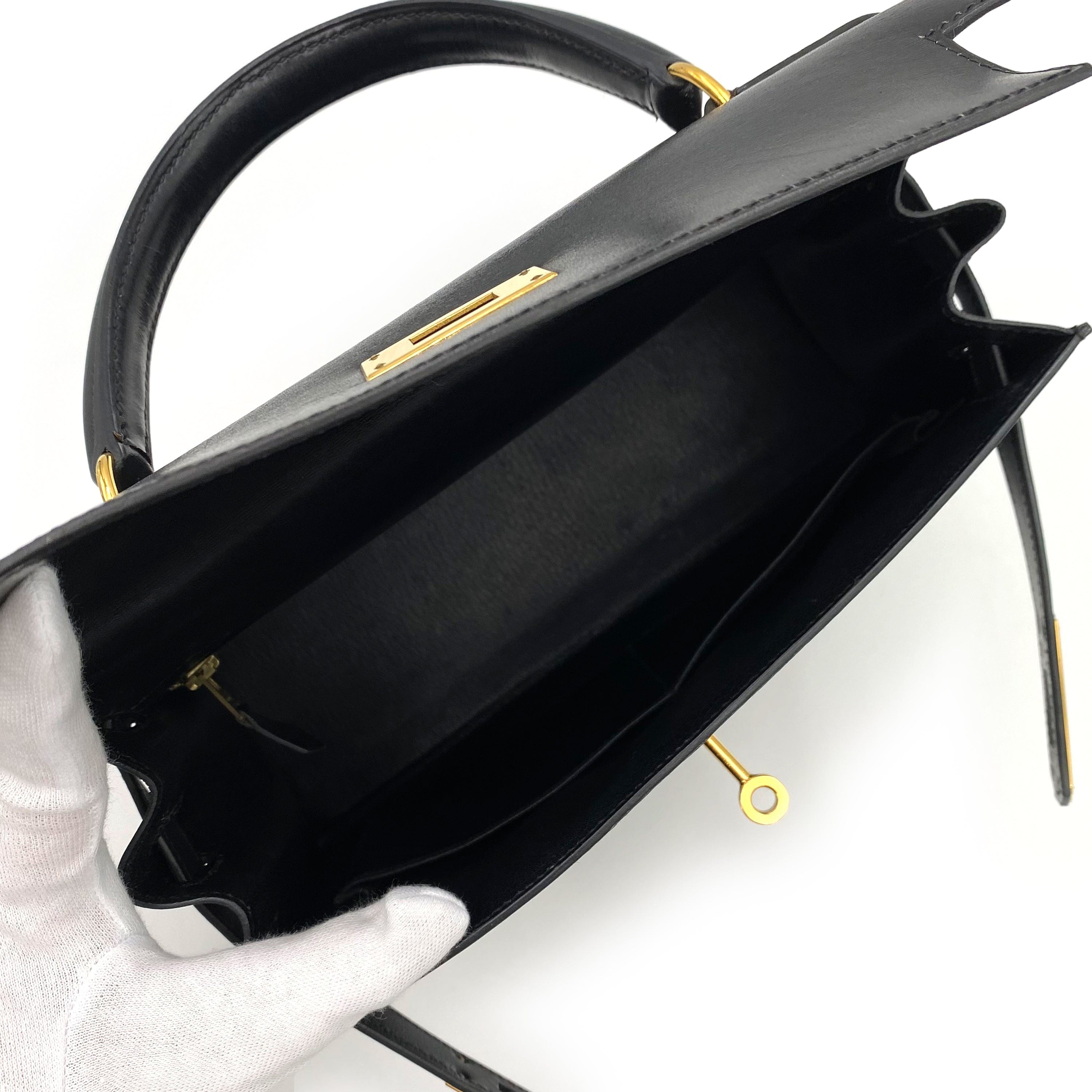 VINTAGE LOVER PURPOSE HERMES KELLY 28 SELLIER BLACK BOXCALF HAND SHOULDER BAG □C 90236751